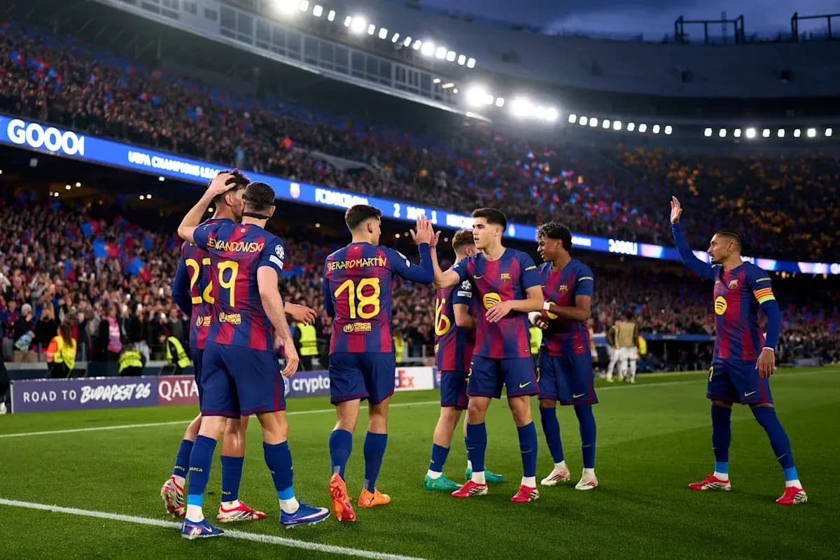 Barcelona players celebrating a goal at Camp Nou Barcelona players celebrating a goal at Camp Nou