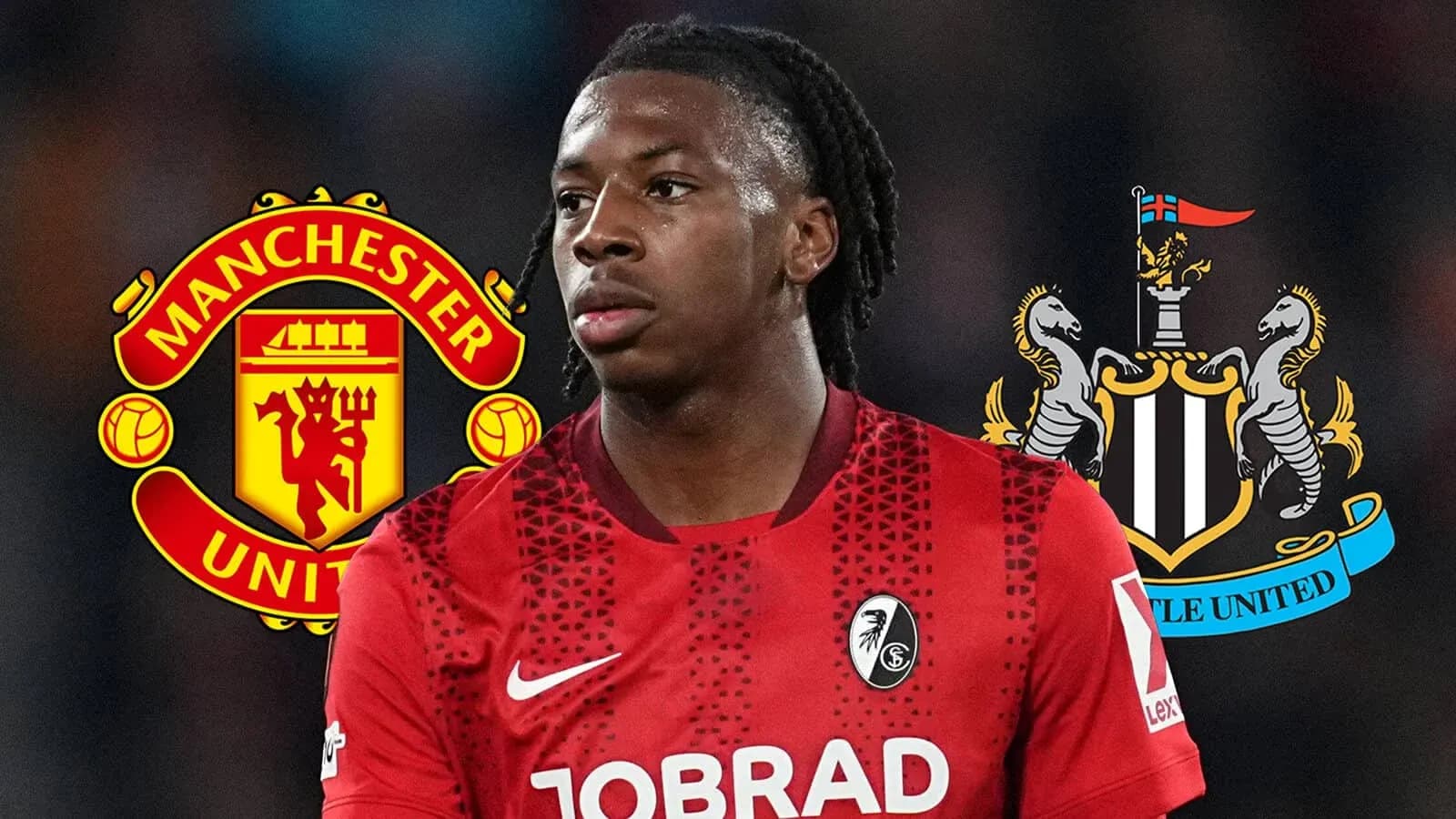 Player in red jersey with club logos behind Player in red jersey with club logos behind