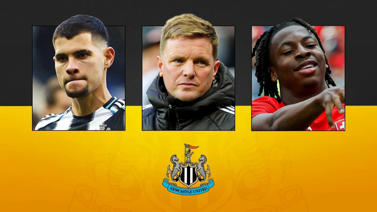 Newcastle United players and manager in three portraits Newcastle United players and manager in three portraits