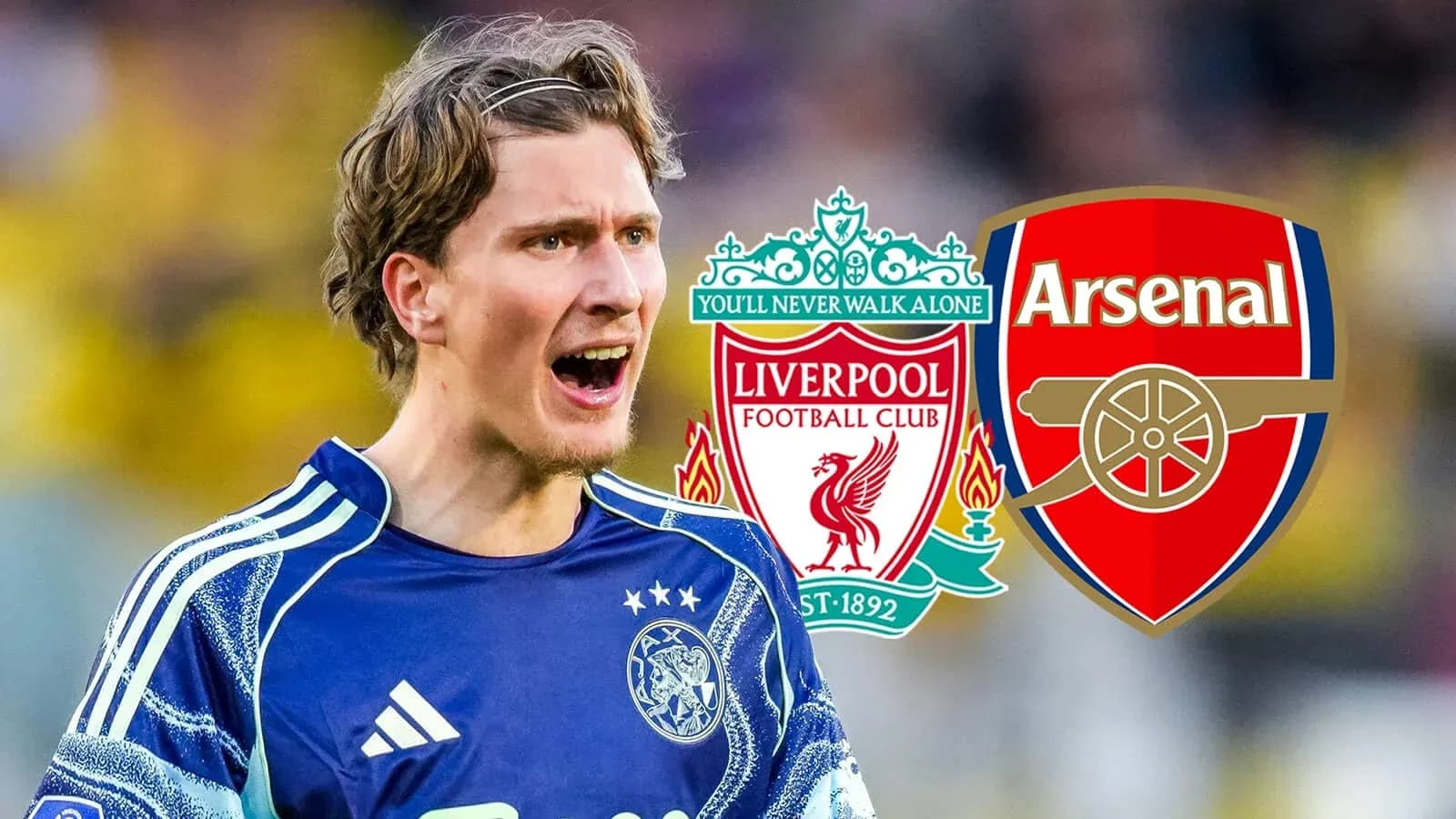 Goalkeeper celebrating with club logos of Liverpool and Arsenal Goalkeeper celebrating with club logos of Liverpool and Arsenal