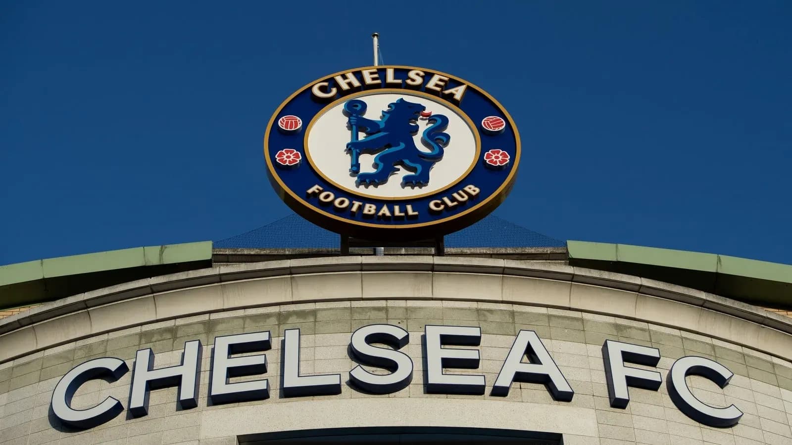 Chelsea FC logo on stadium exterior Chelsea FC logo on stadium exterior