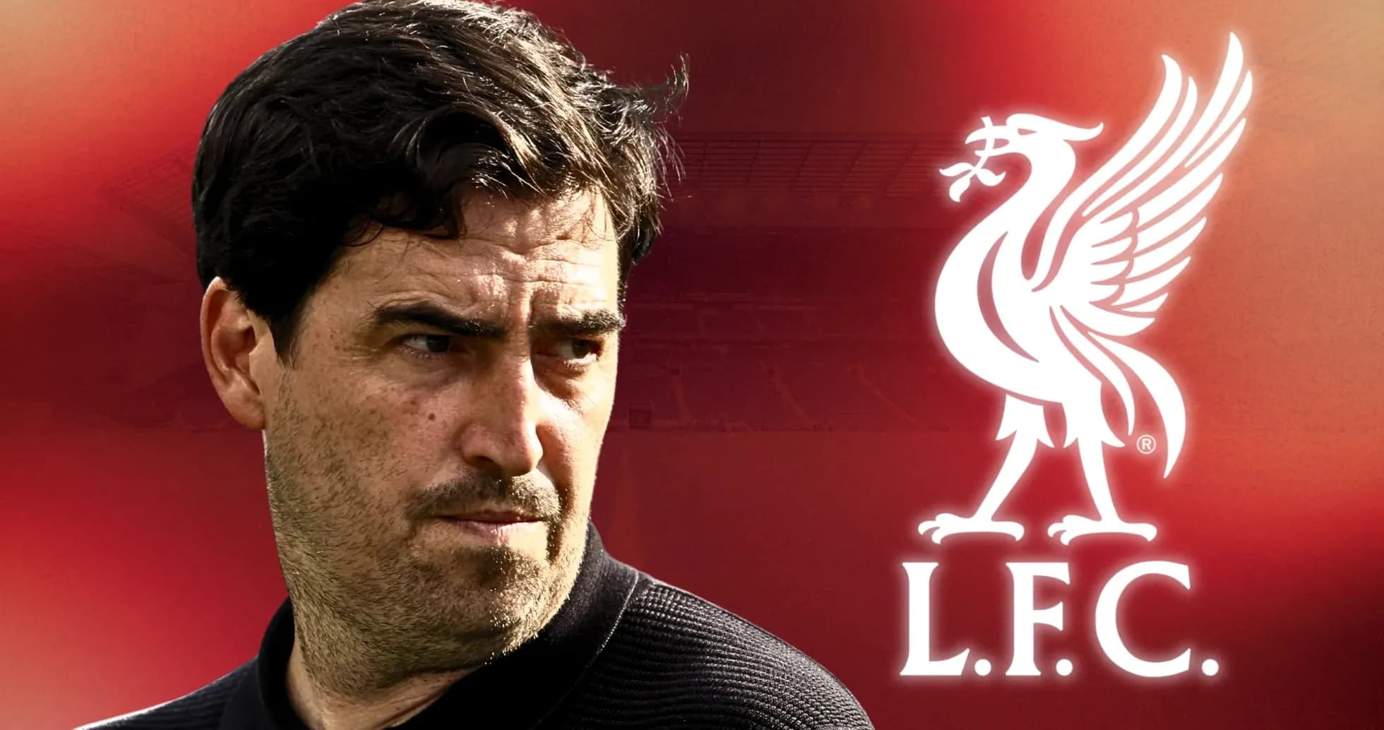 Coach against Liverpool logo with stadium background Coach against Liverpool logo with stadium background