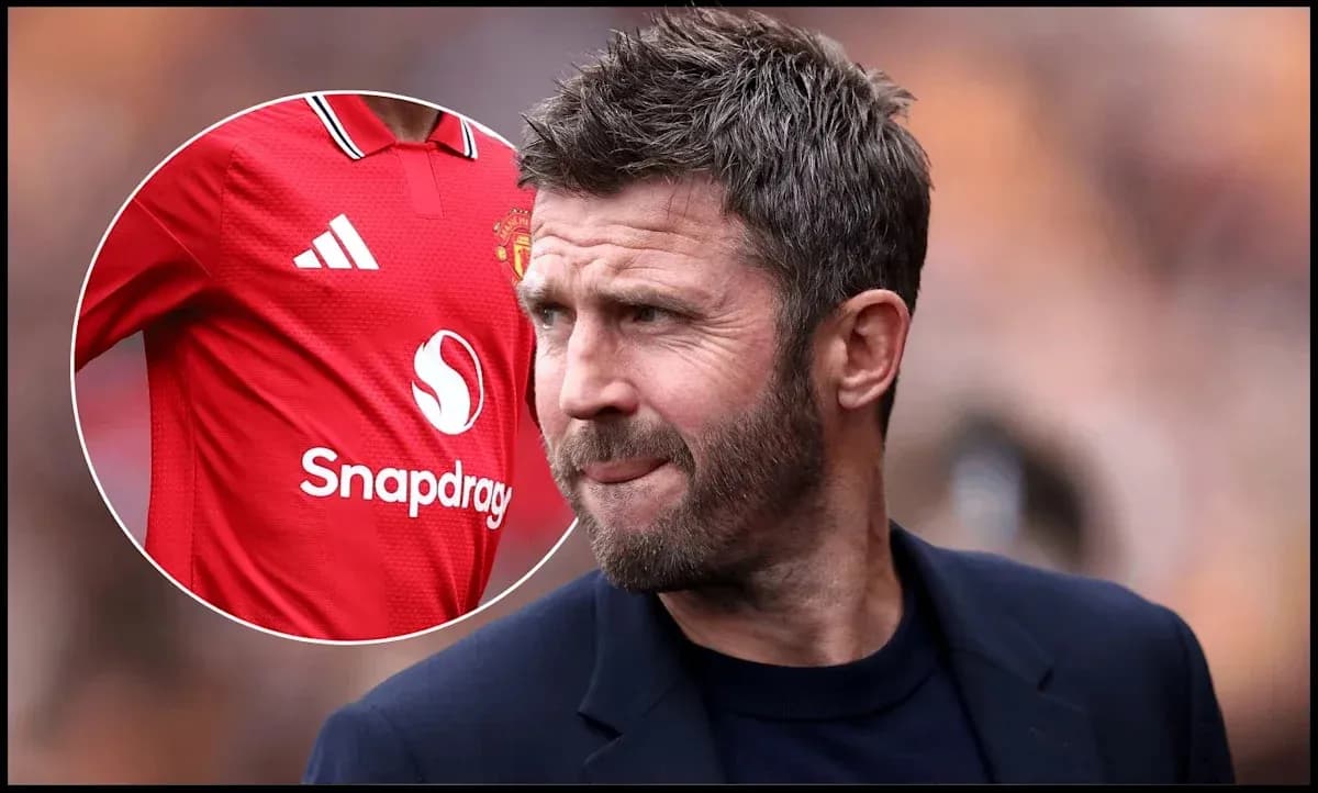 Man in suit with Manchester United jersey inset Man in suit with Manchester United jersey inset