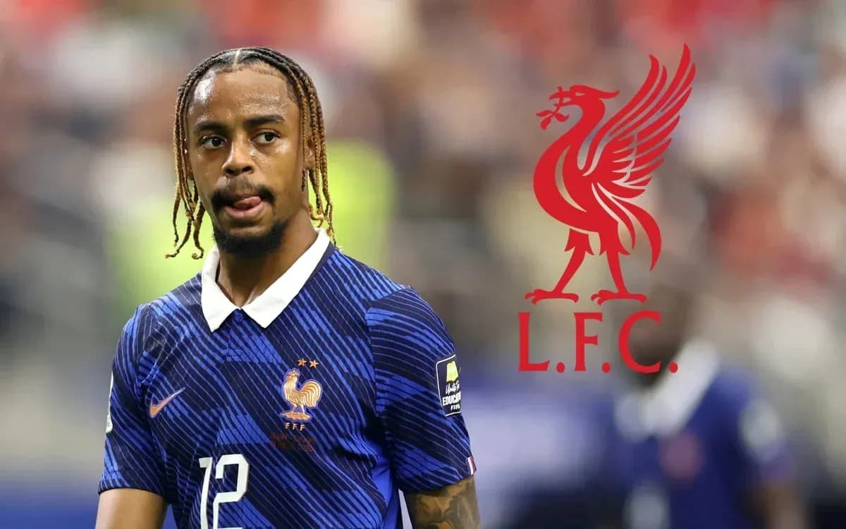 Player in France kit during match with Liverpool logo Player in France kit during match with Liverpool logo