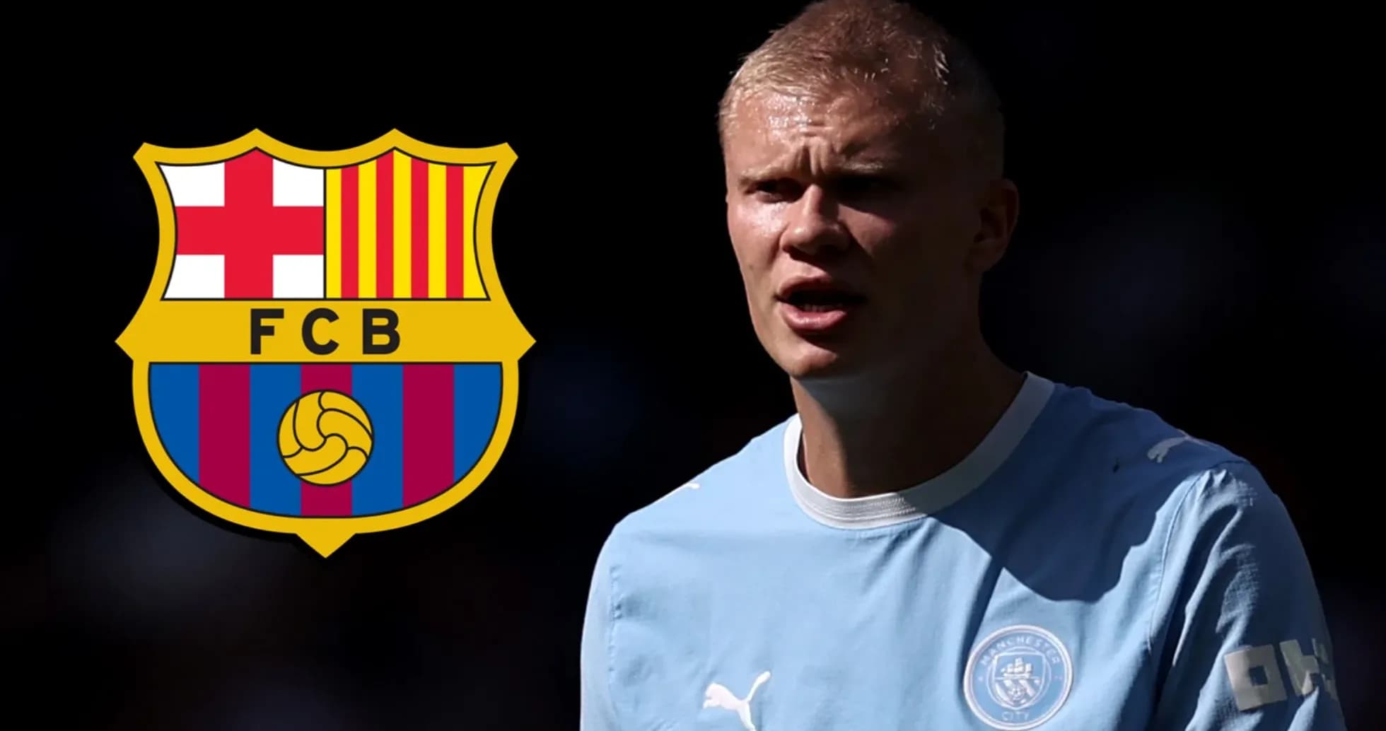 Player in Manchester City kit next to Barcelona logo Player in Manchester City kit next to Barcelona logo