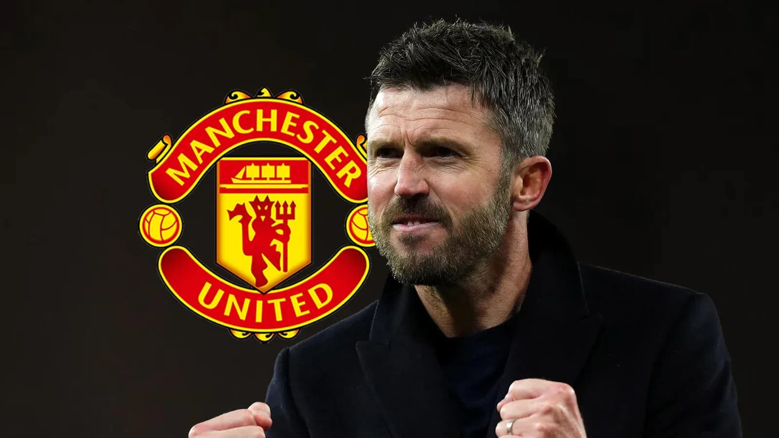 Coach celebrating in front of Manchester United logo Coach celebrating in front of Manchester United logo