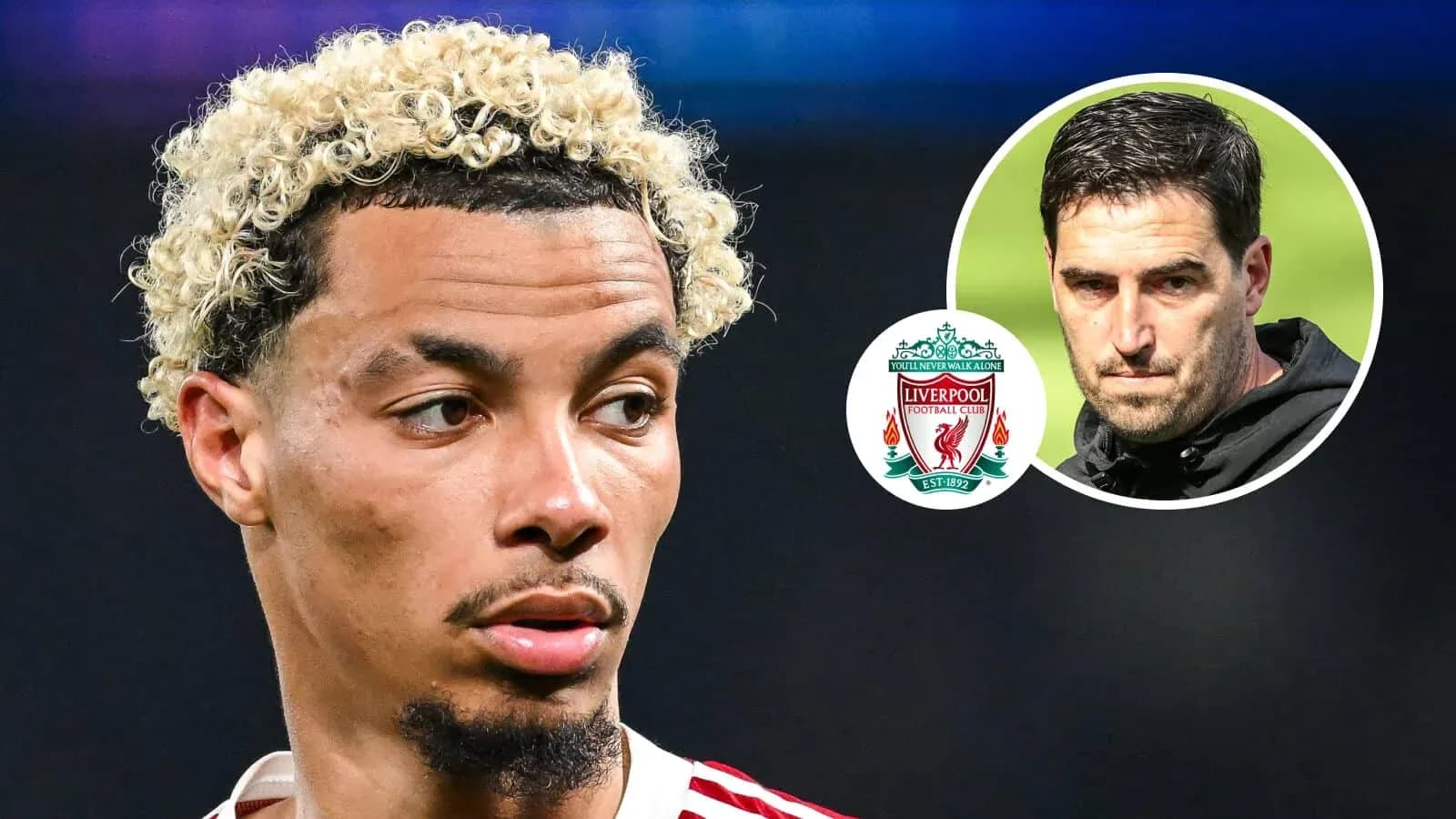 Football player with curly hair and Liverpool logo Football player with curly hair and Liverpool logo