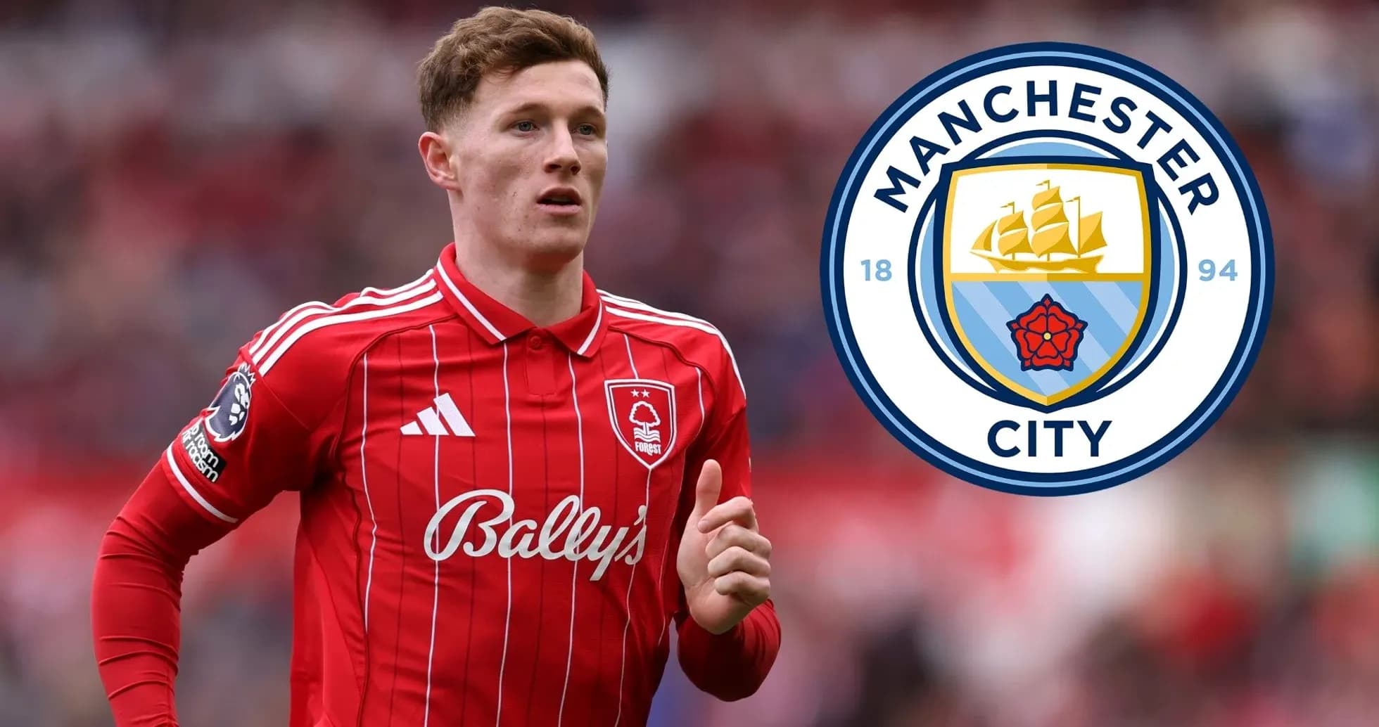 Player in red jersey with Manchester City logo Player in red jersey with Manchester City logo