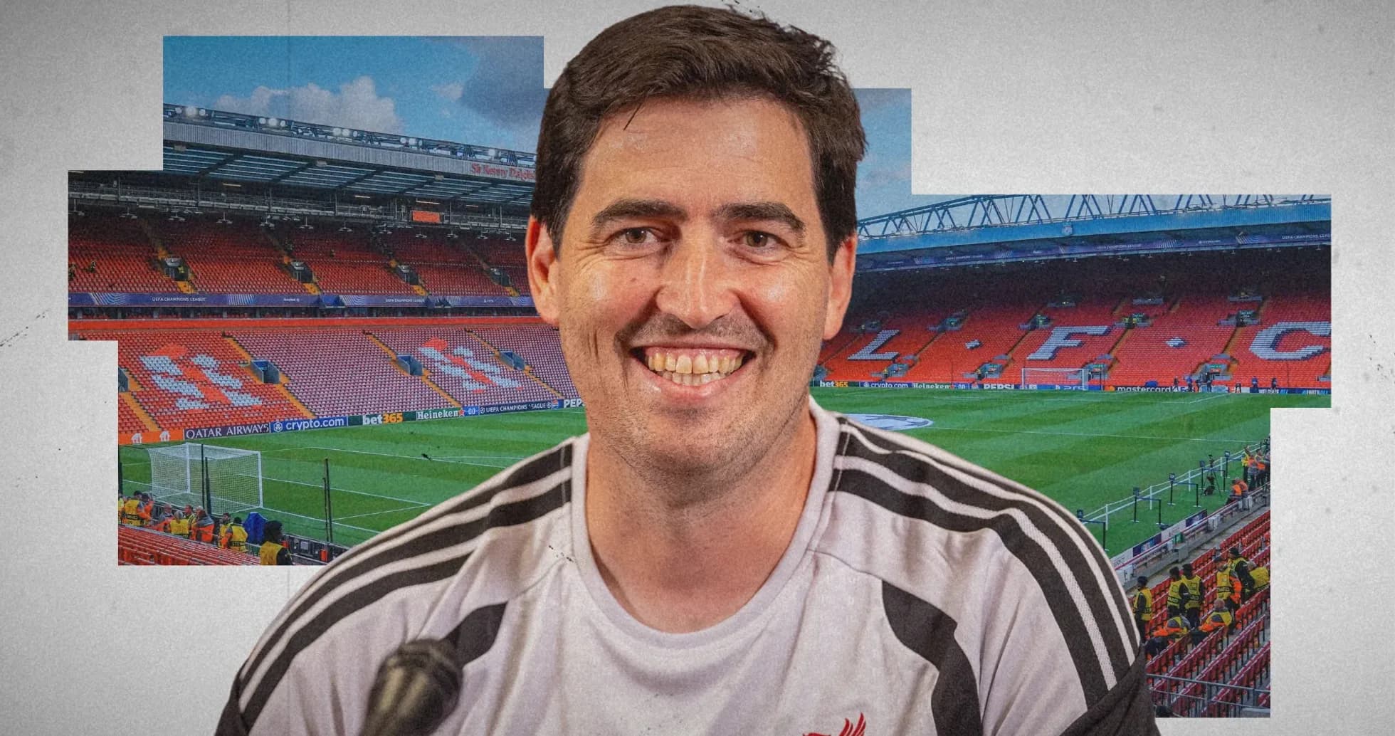 Man smiling in front of Anfield stadium background Man smiling in front of Anfield stadium background
