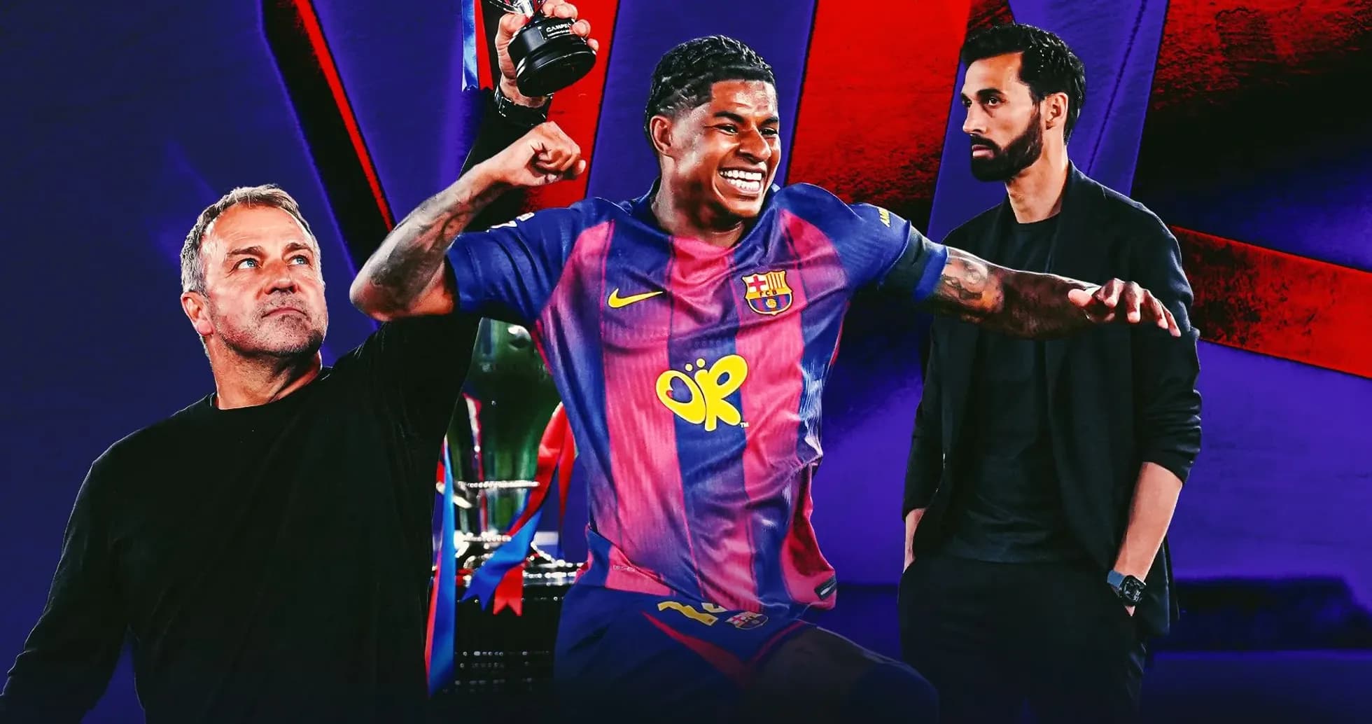 Barcelona player celebrating with trophy and coaches Barcelona player celebrating with trophy and coaches