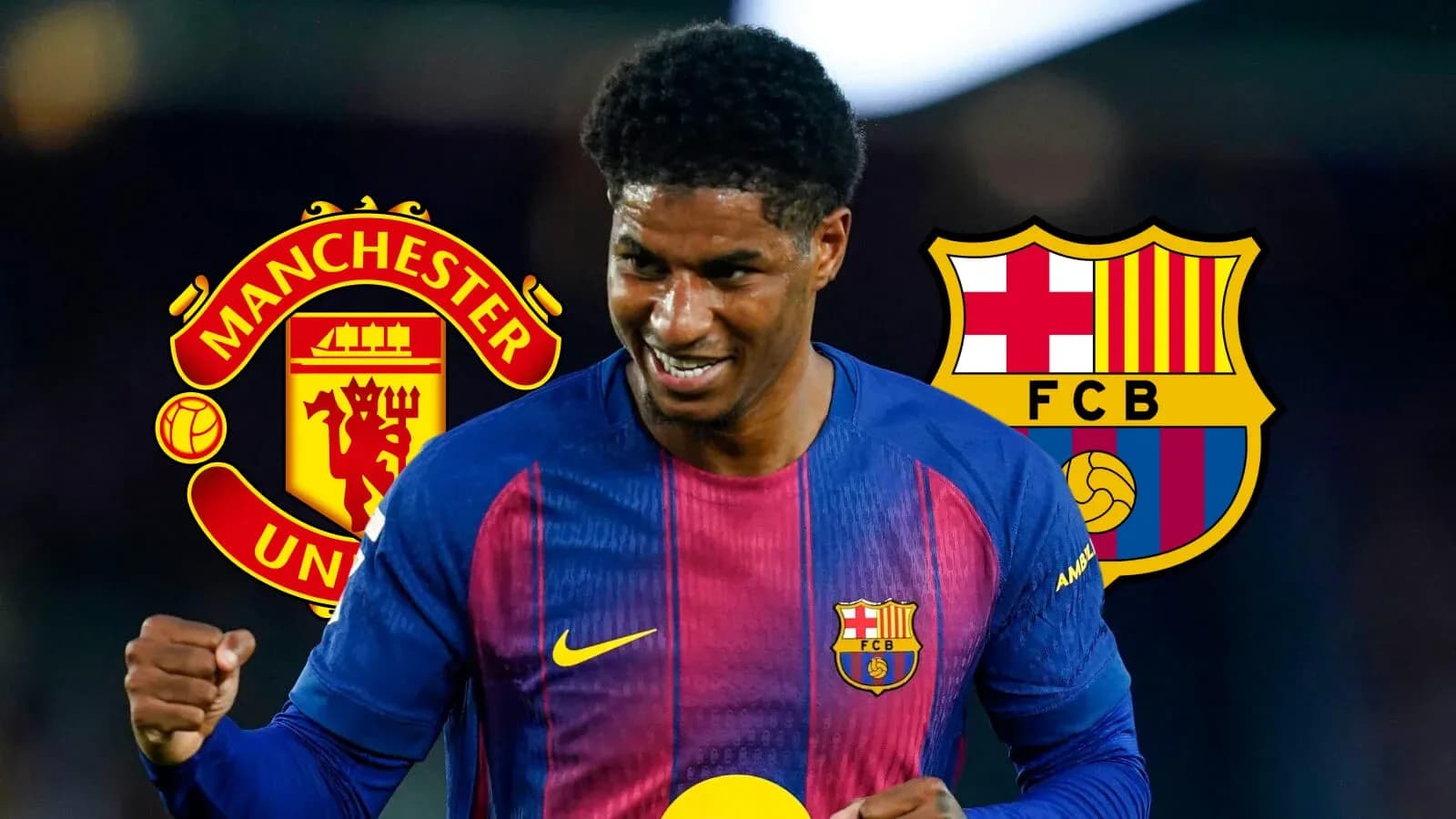 Player celebrating with Manchester United and Barcelona logos Player celebrating with Manchester United and Barcelona logos