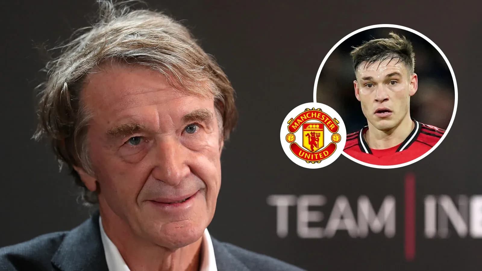 Man speaking at event with Manchester United logo Man speaking at event with Manchester United logo