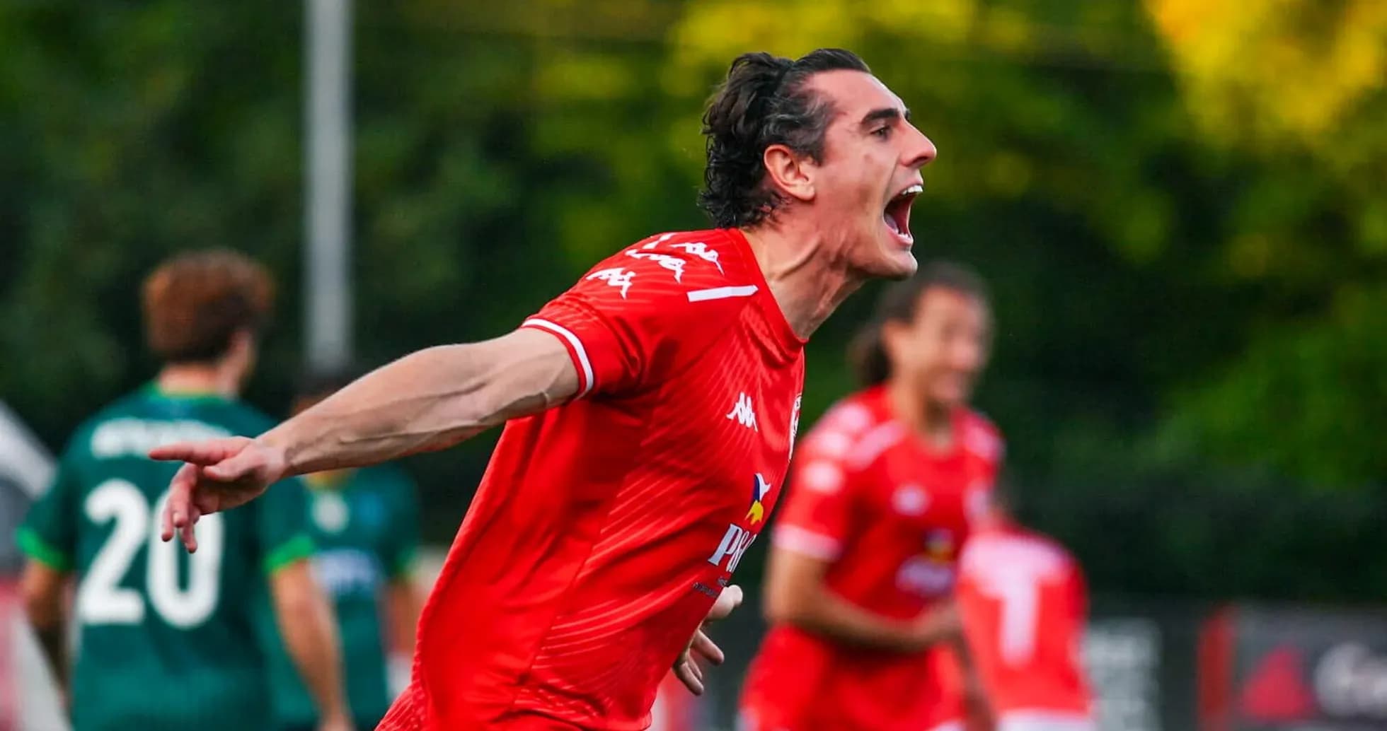 Player celebrating during Larne vs Saburtalo match Player celebrating during Larne vs Saburtalo match