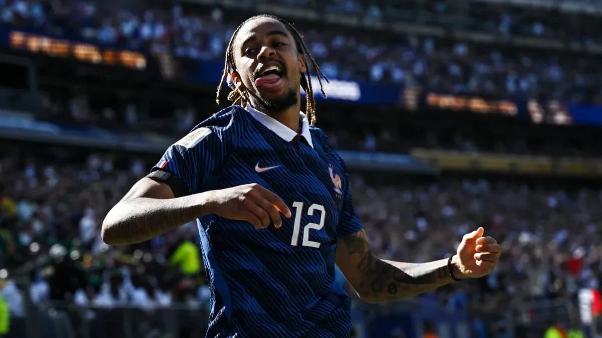 Player celebrating after scoring for France in match Player celebrating after scoring for France in match