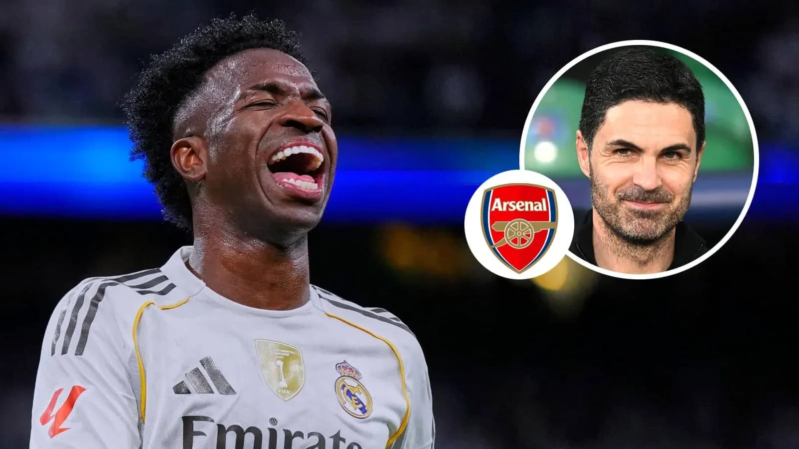 Vinícius Júnior celebrating a goal with Arsenal logo Vinícius Júnior celebrating a goal with Arsenal logo