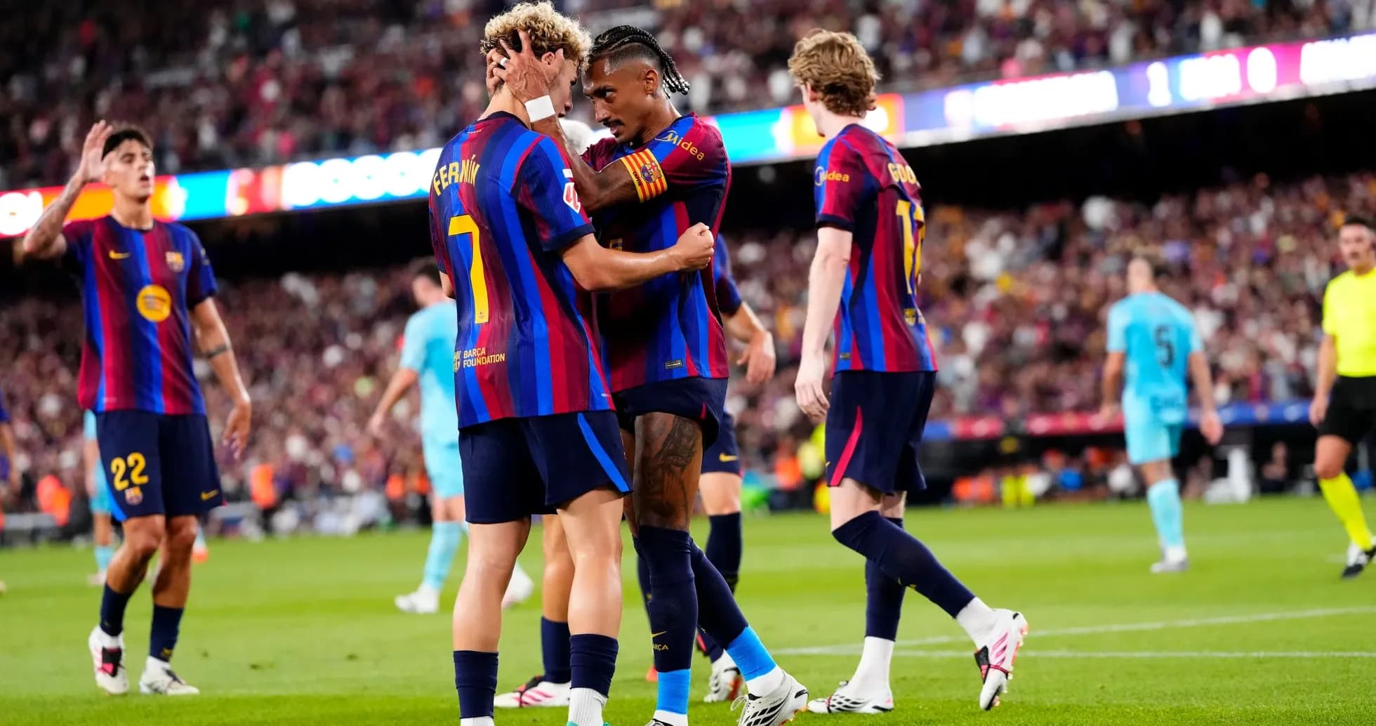 Barcelona players celebrating a goal during match Barcelona players celebrating a goal during match
