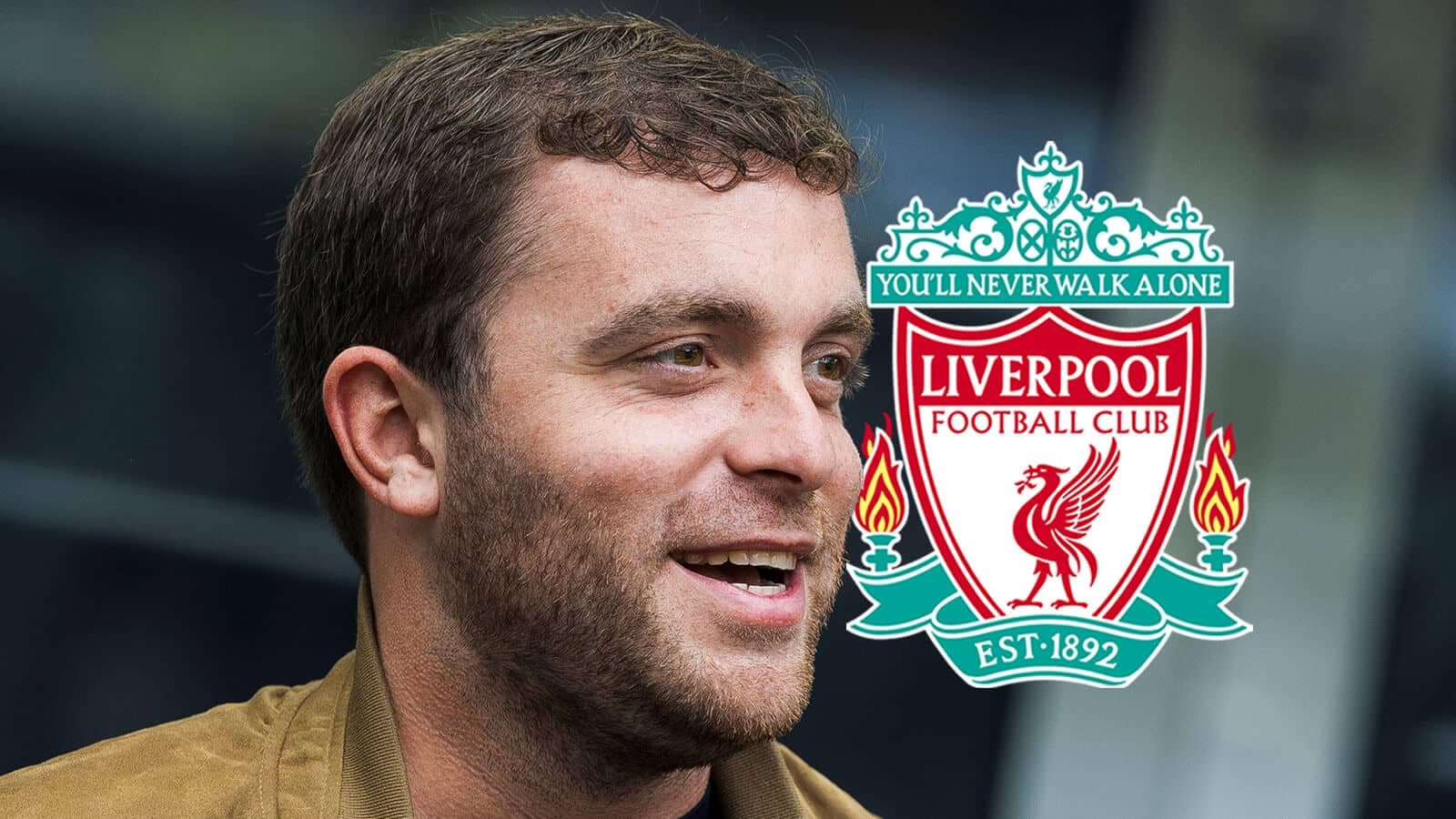 Person smiling next to Liverpool FC club logo Person smiling next to Liverpool FC club logo