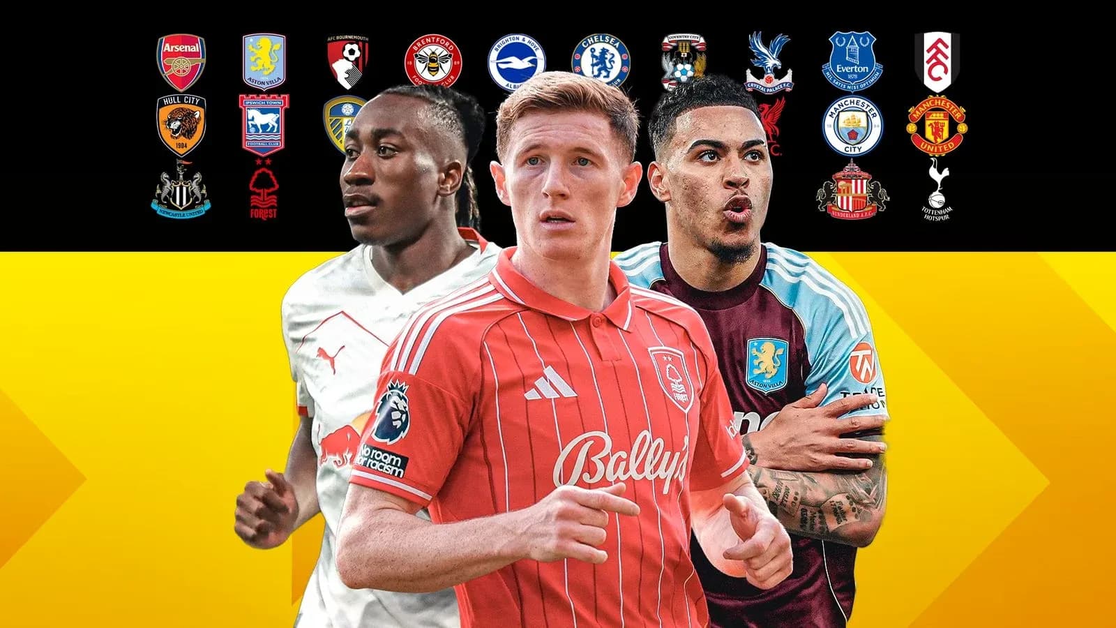 Three football players with team logos in background Three football players with team logos in background