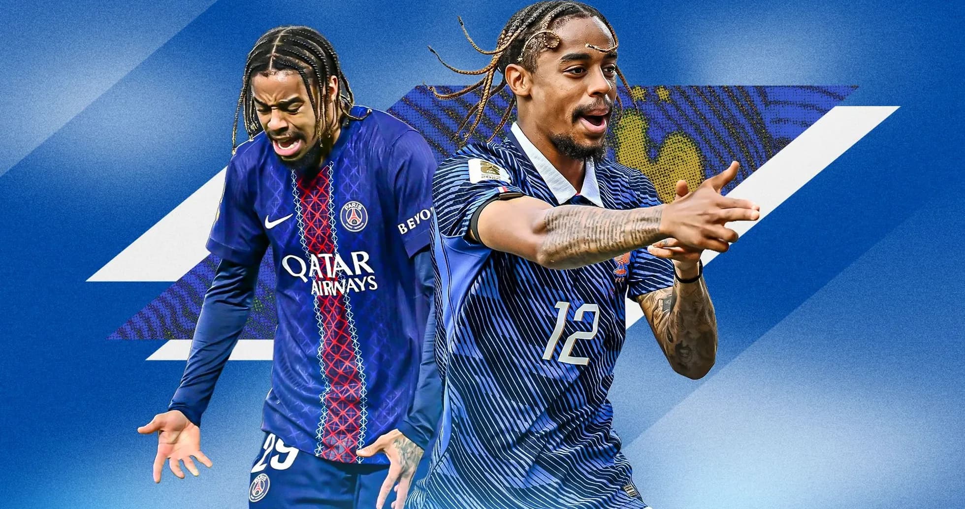 Two soccer players in different jerseys on blue background Two soccer players in different jerseys on blue background