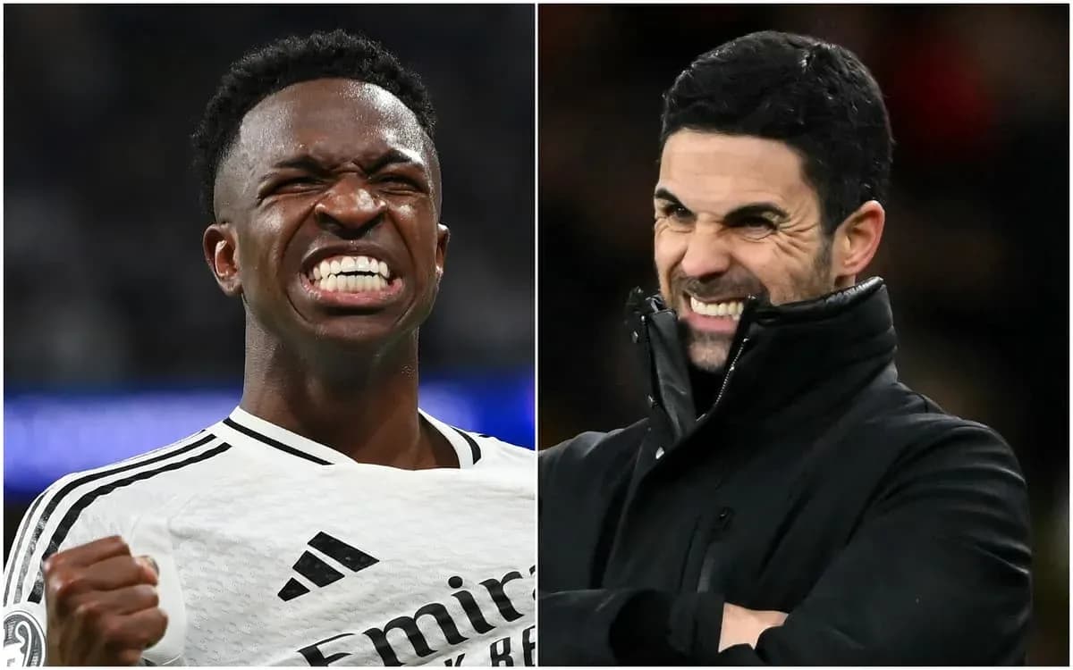 Vinicius Jr celebrating, Mikel Arteta reacting from sideline Vinicius Jr celebrating, Mikel Arteta reacting from sideline