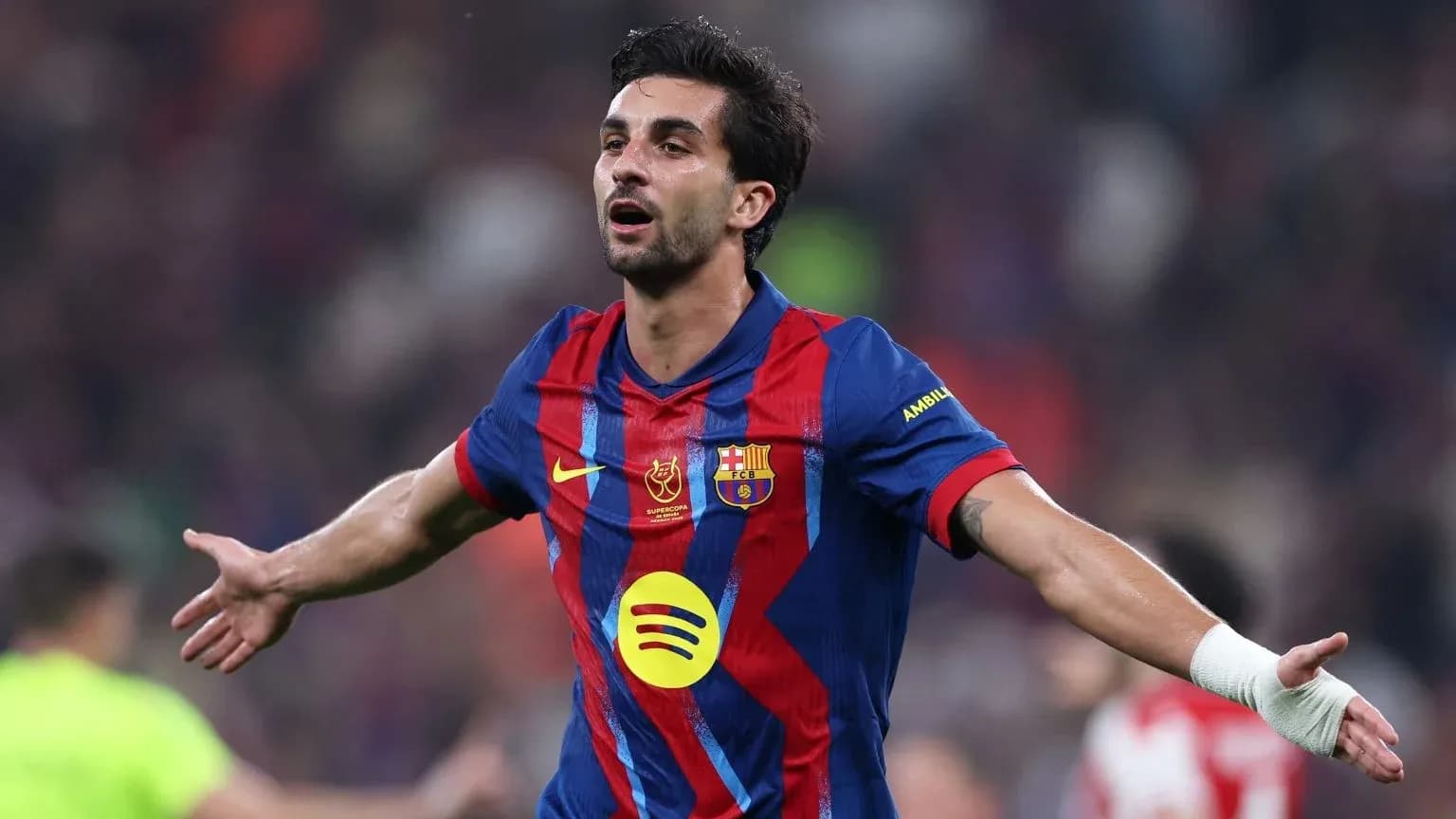 Player celebrating a goal in Barcelona jersey Player celebrating a goal in Barcelona jersey