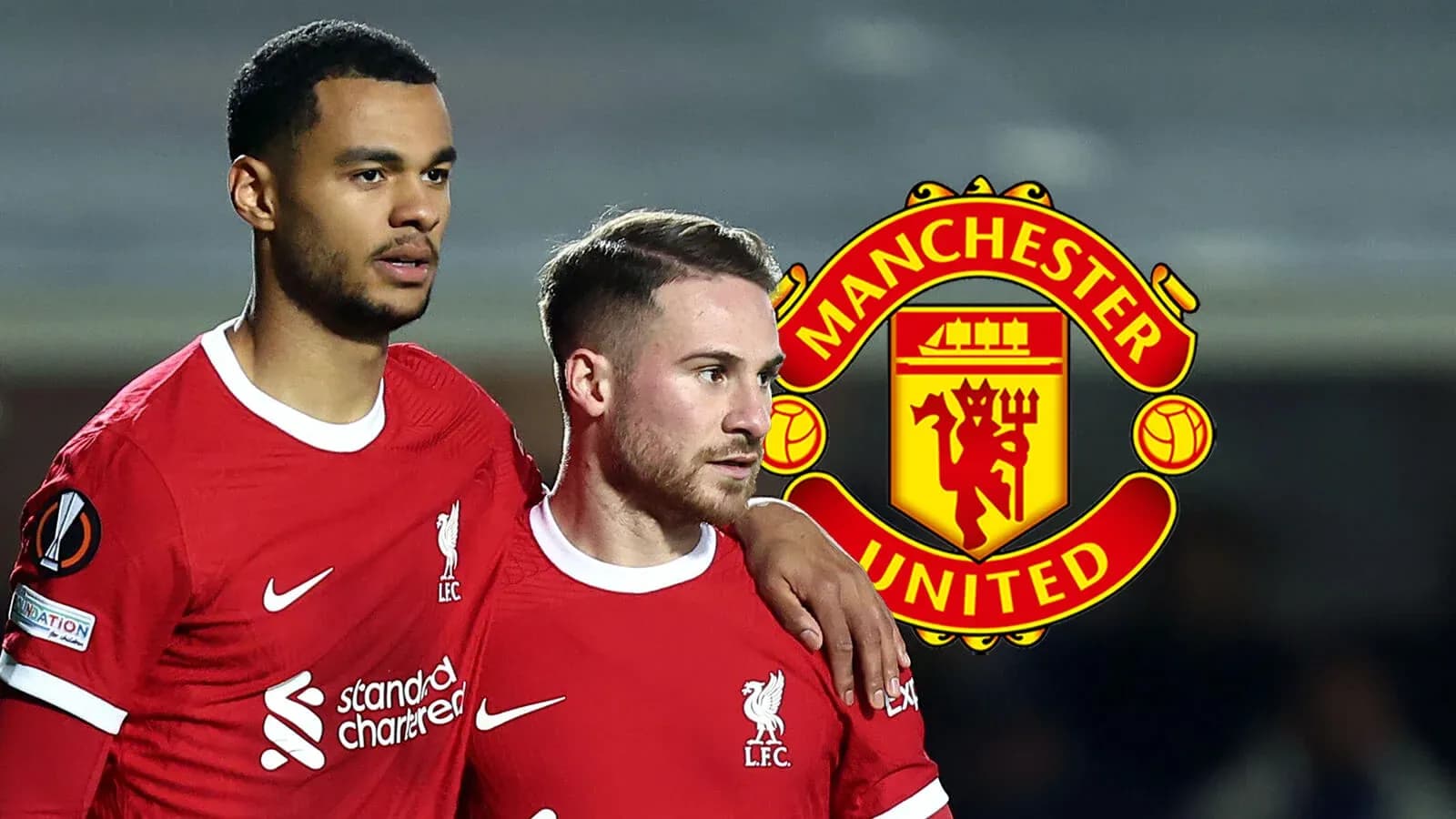 Two Liverpool players in red jerseys celebrating together Two Liverpool players in red jerseys celebrating together