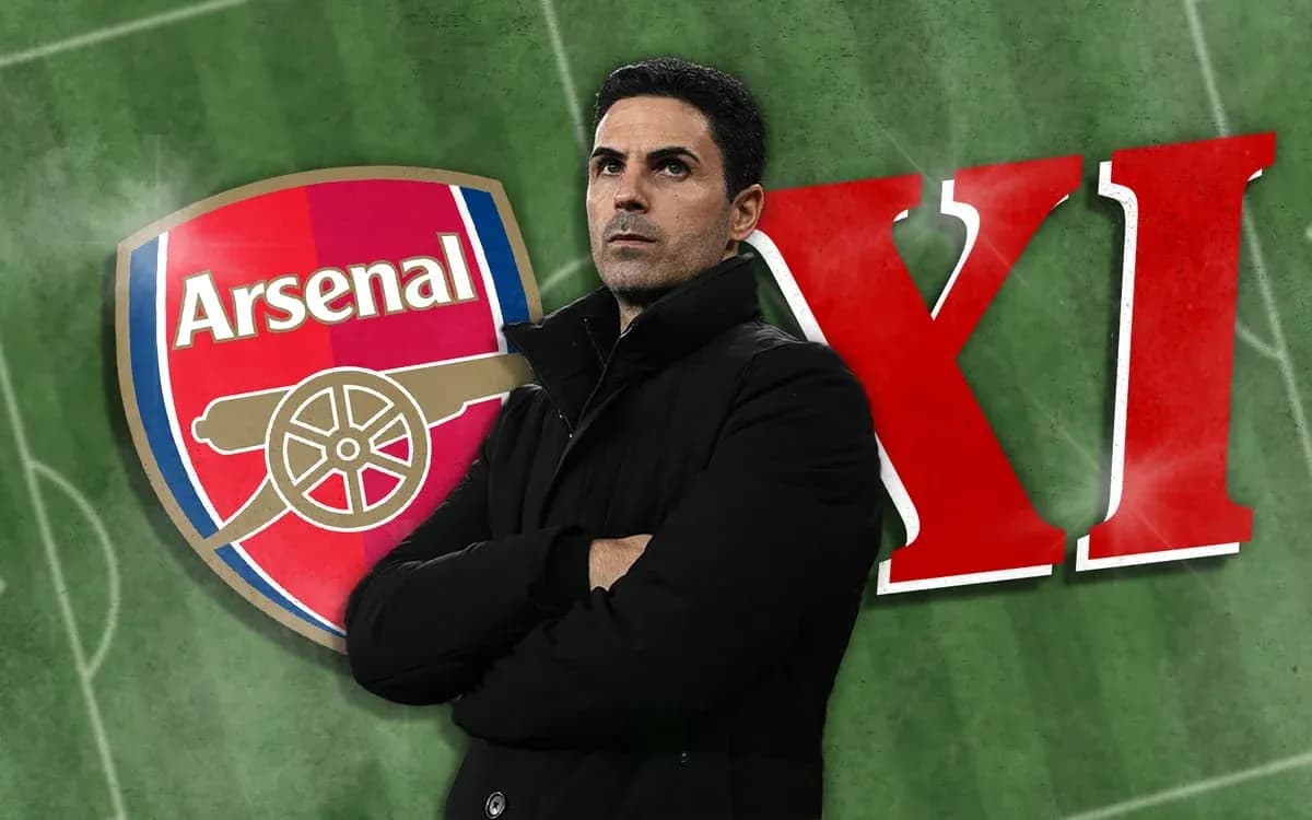 Arsenal manager in front of club logo and lineup text Arsenal manager in front of club logo and lineup text