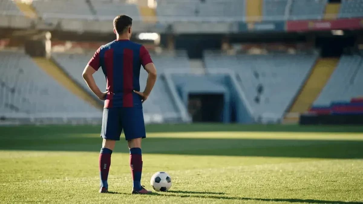 Player in FC Barcelona kit standing by ball Player in FC Barcelona kit standing by ball