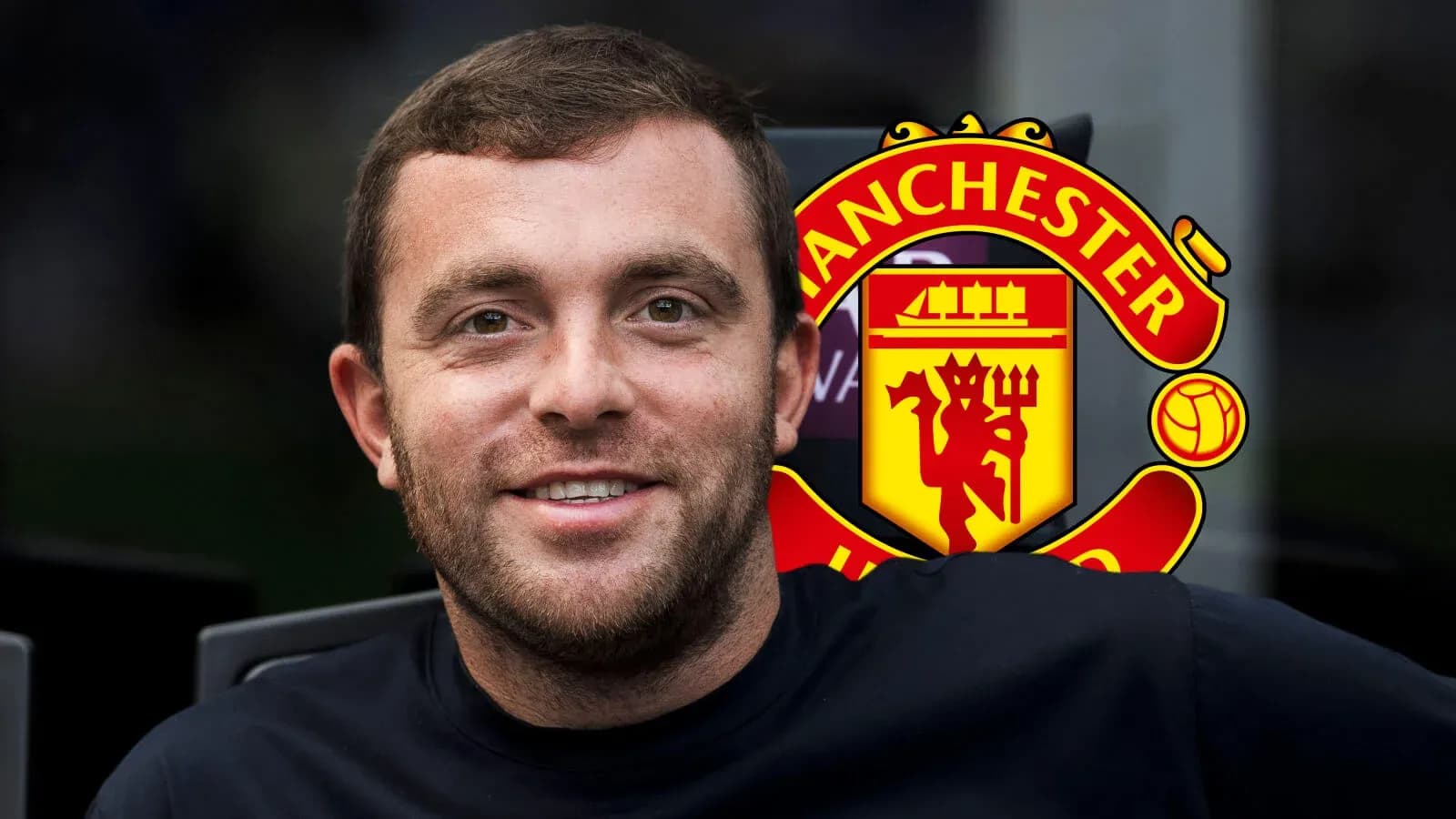 Man smiling with Manchester United logo in background Man smiling with Manchester United logo in background
