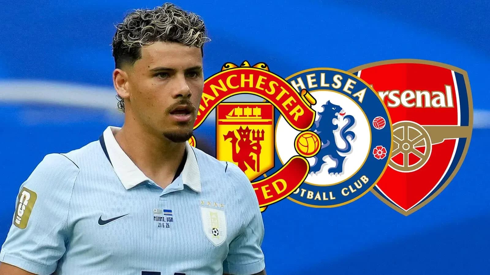 Player in Uruguay kit with club logos in background Player in Uruguay kit with club logos in background