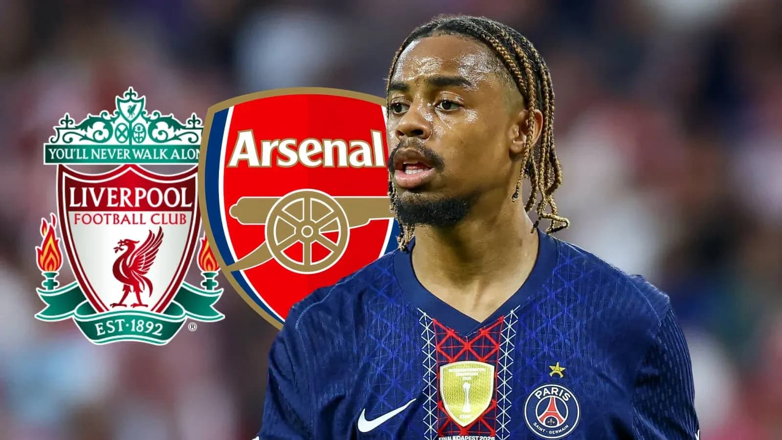 Player in PSG kit with Liverpool and Arsenal logos Player in PSG kit with Liverpool and Arsenal logos