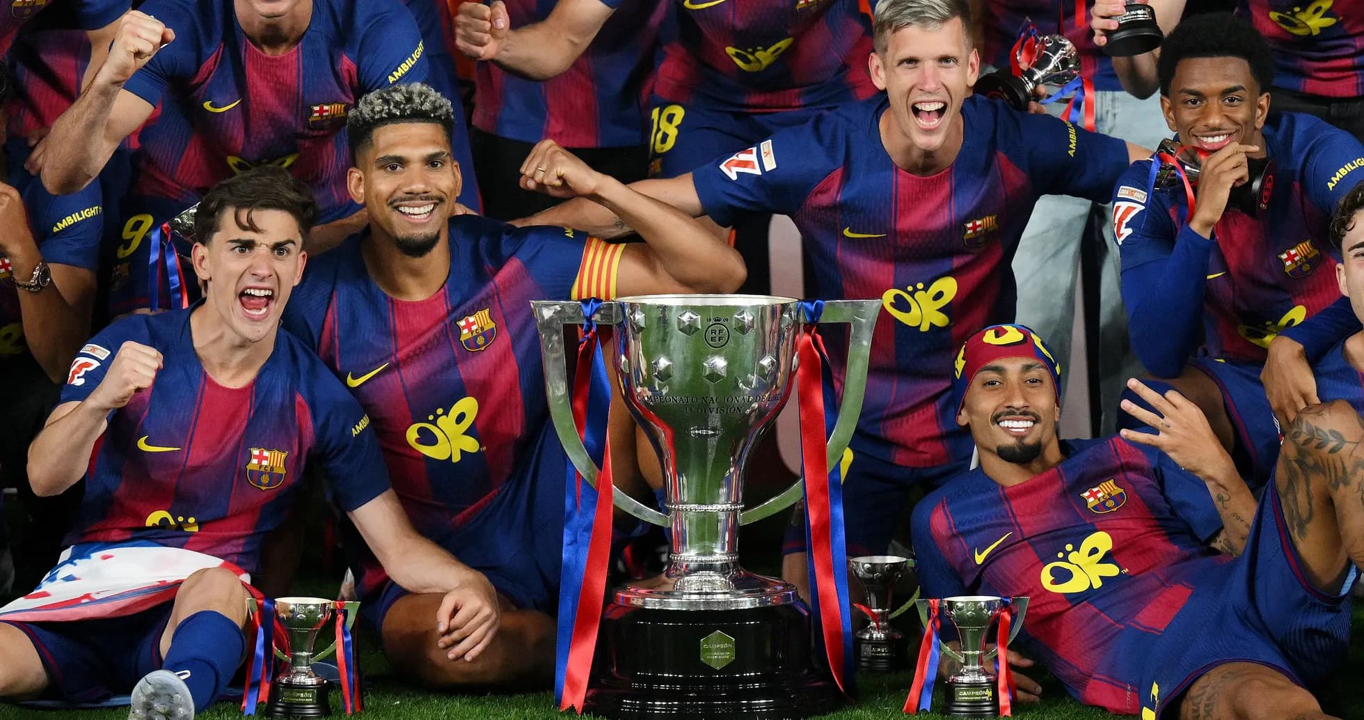 FC Barcelona players celebrating with trophy FC Barcelona players celebrating with trophy
