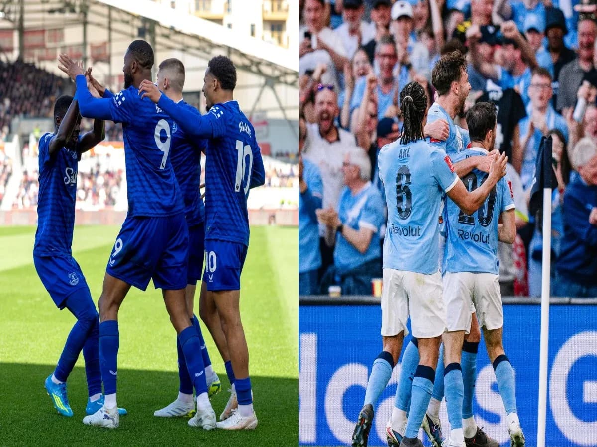 Players celebrating during Everton vs Manchester City match Players celebrating during Everton vs Manchester City match