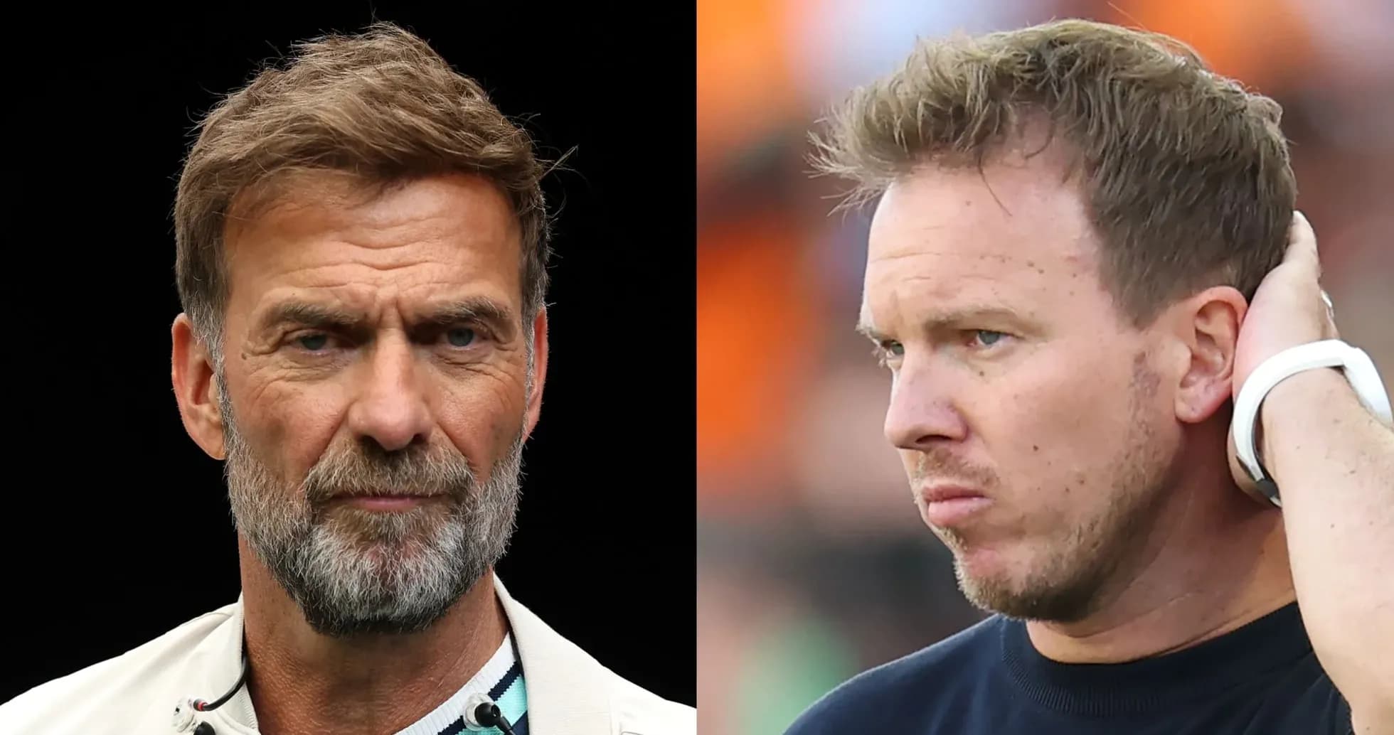 Two football managers in separate poses Two football managers in separate poses