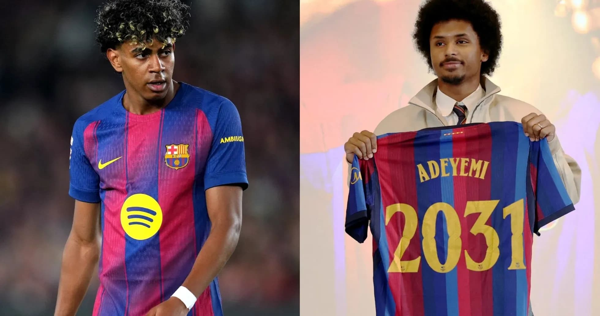 Barcelona player on field and new signing holding jersey Barcelona player on field and new signing holding jersey