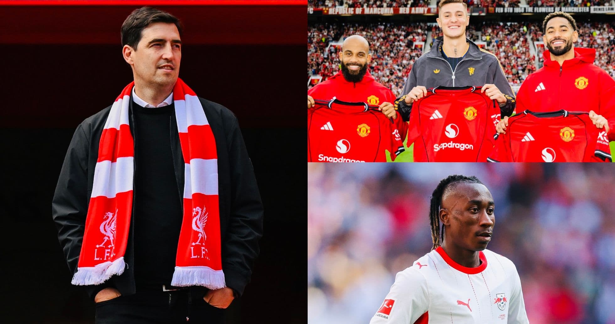 Manager with Liverpool scarf and two Manchester United players Manager with Liverpool scarf and two Manchester United players