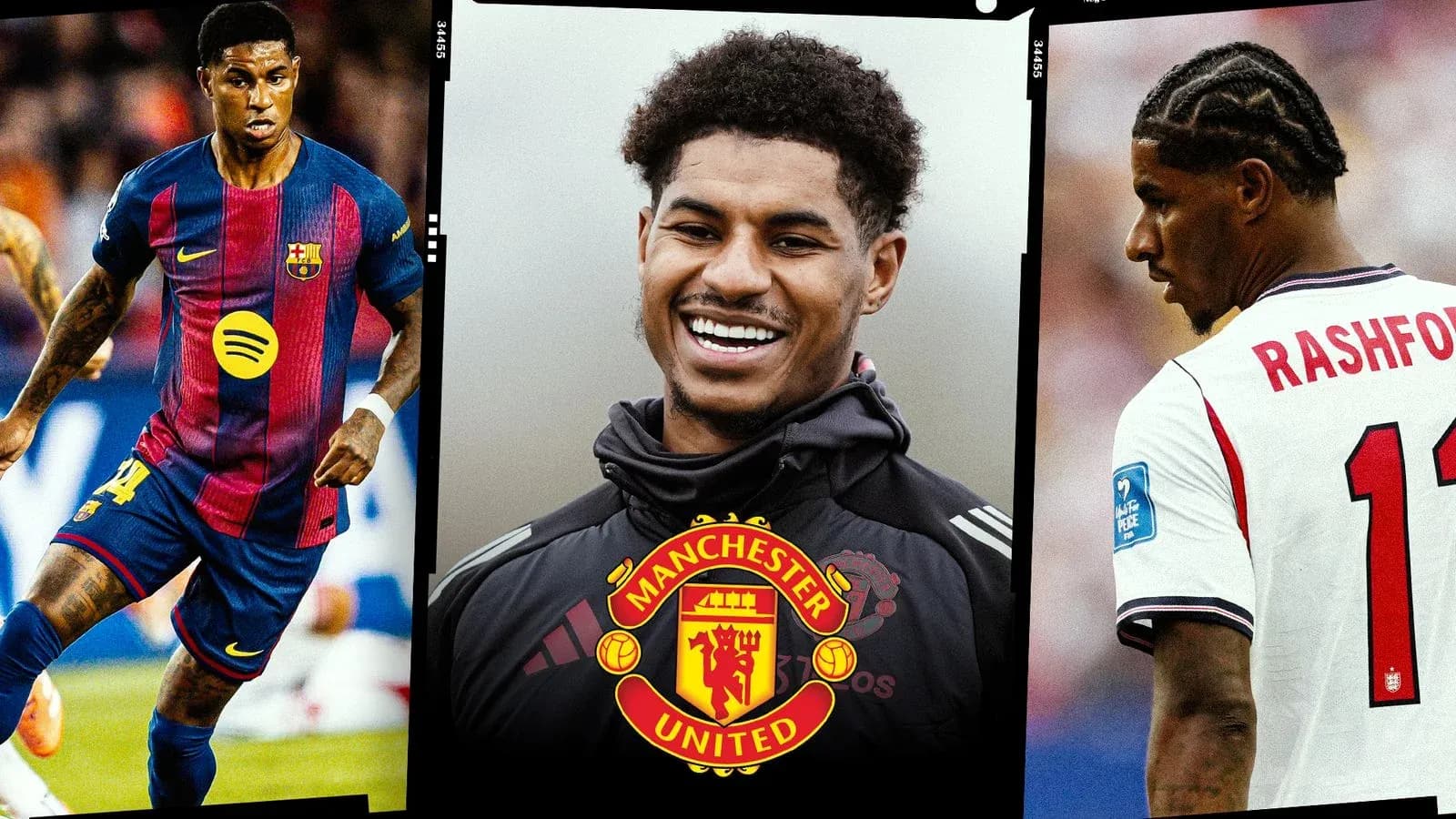 Marcus Rashford and player in Barcelona kit collage Marcus Rashford and player in Barcelona kit collage