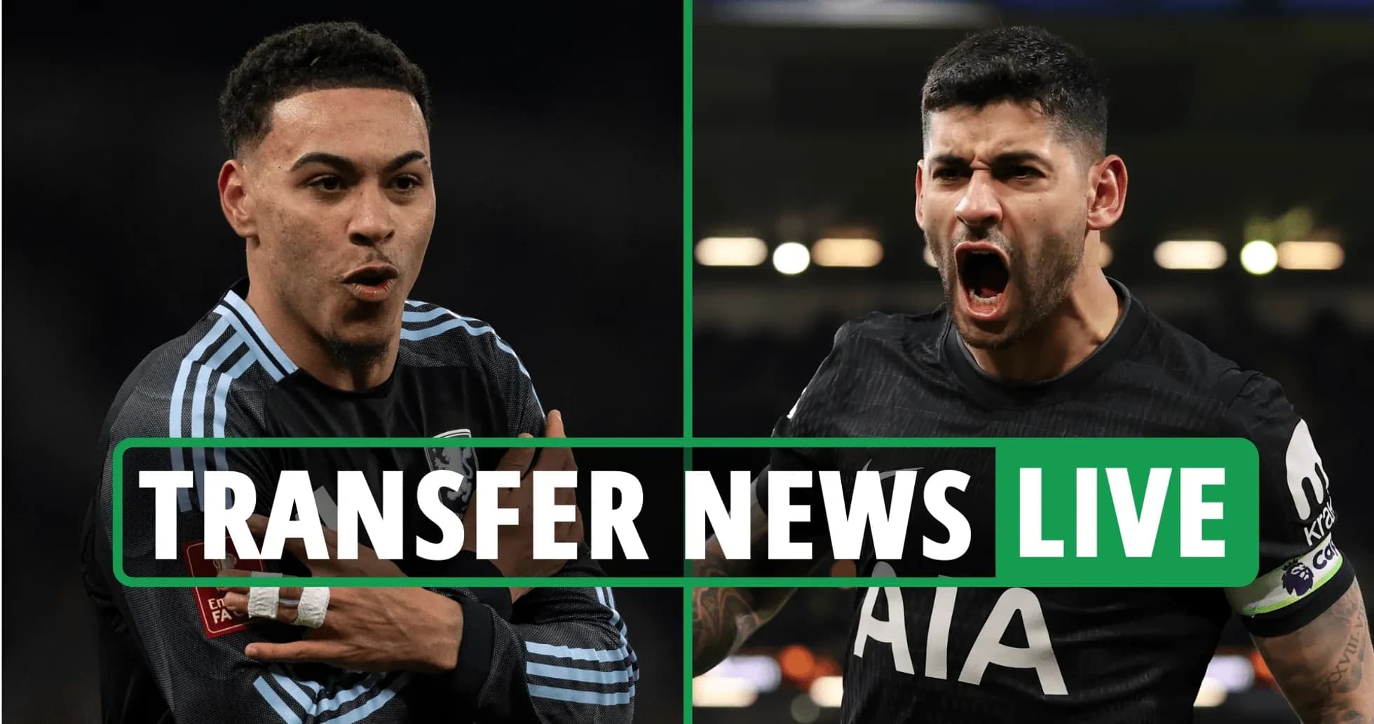 Two football players celebrating during transfer news segment Two football players celebrating during transfer news segment