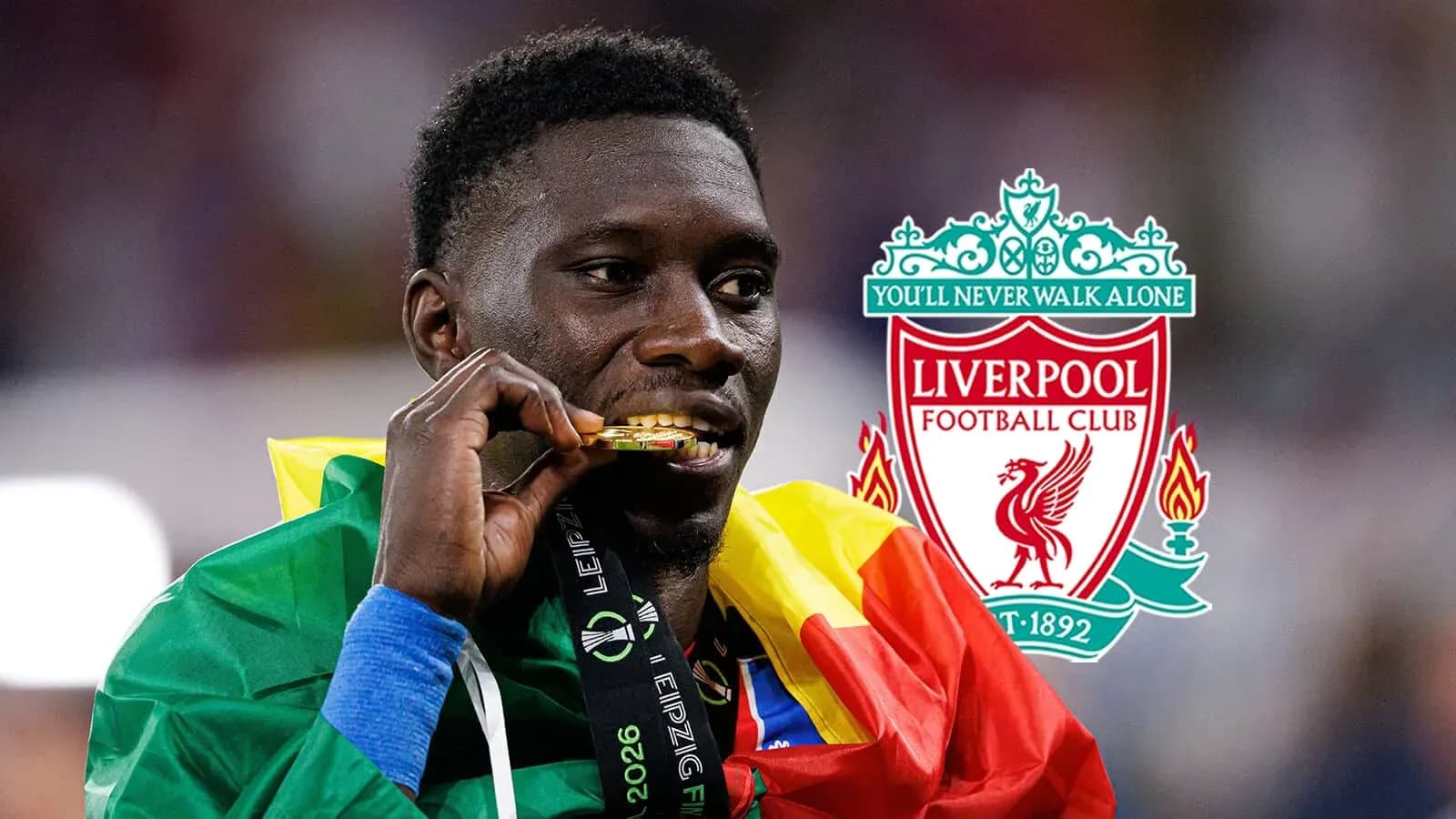Player celebrating with gold medal and national flag Player celebrating with gold medal and national flag