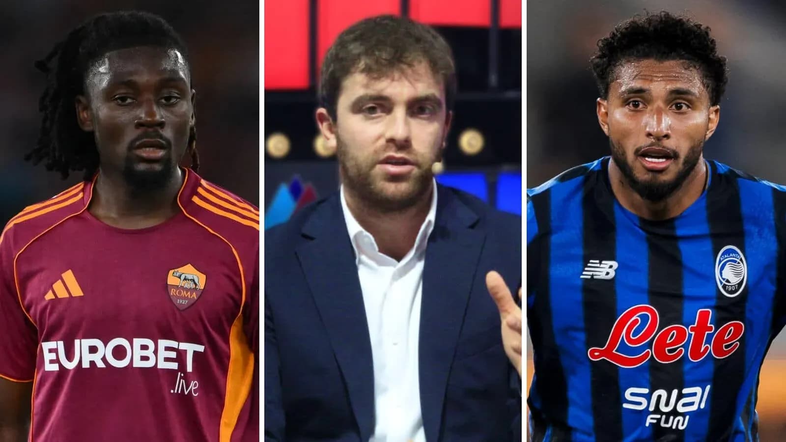 Three individuals: two football players and a presenter Three individuals: two football players and a presenter
