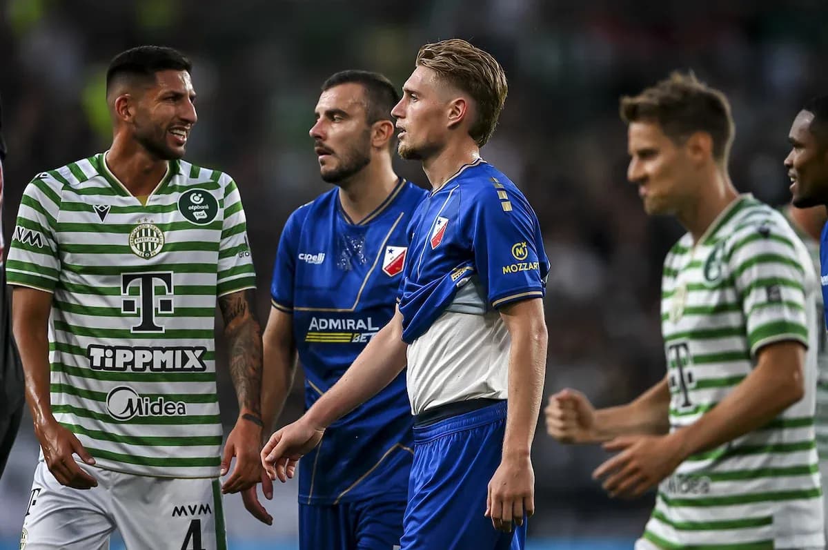 Players from Ferencvarosi TC and Vojvodina interacting Players from Ferencvarosi TC and Vojvodina interacting