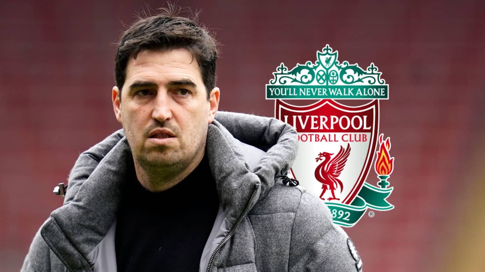 Man in gray coat with Liverpool FC logo background Man in gray coat with Liverpool FC logo background