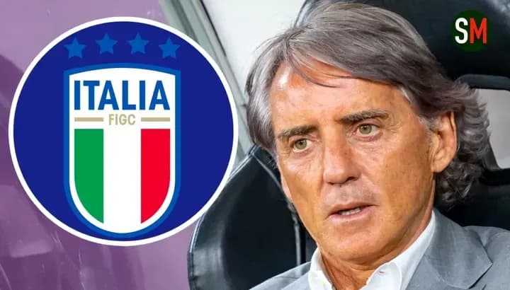 Roberto Mancini with Italy national team logo Roberto Mancini with Italy national team logo