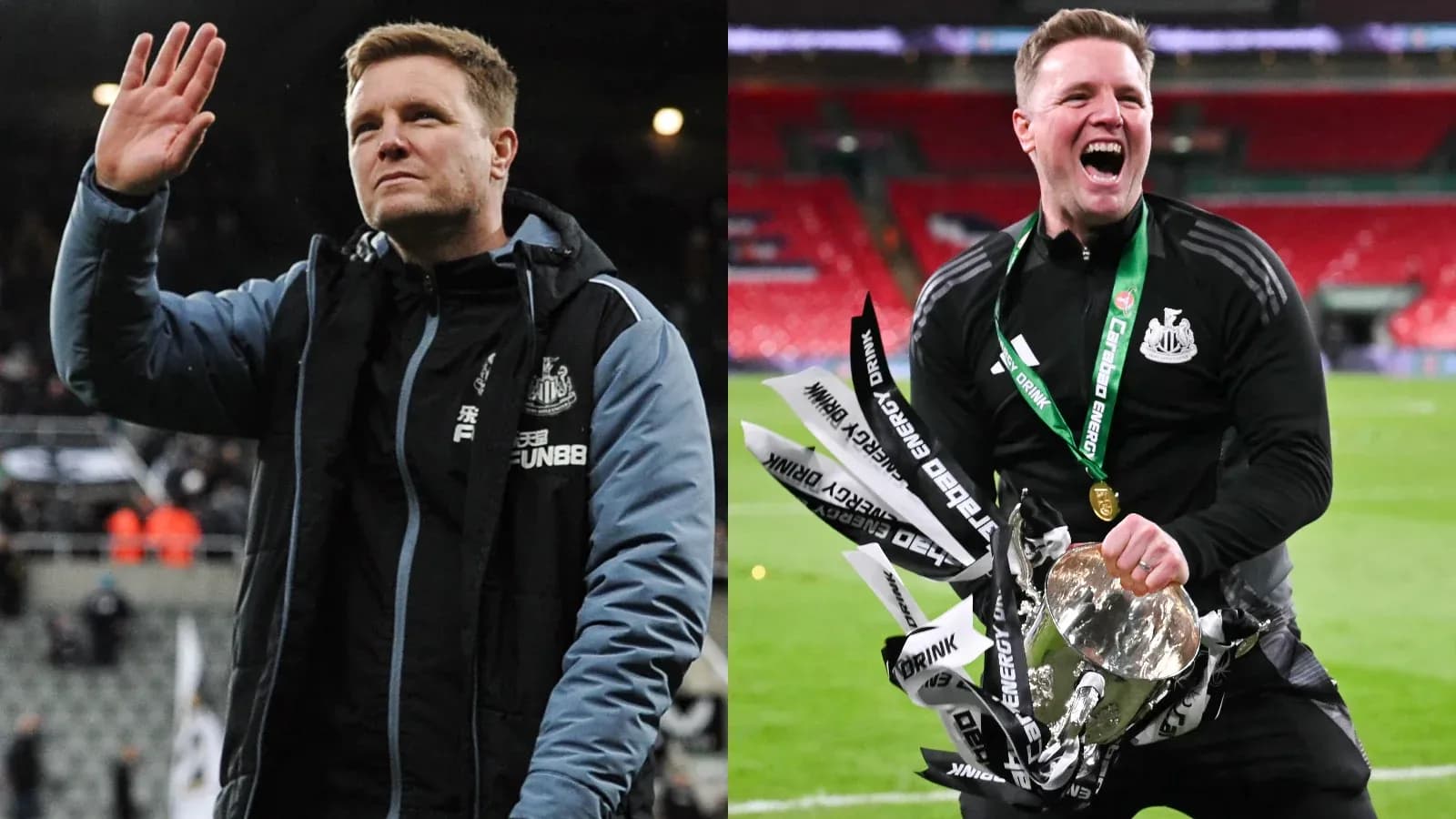 Manager celebrating with trophy and waving to fans Manager celebrating with trophy and waving to fans