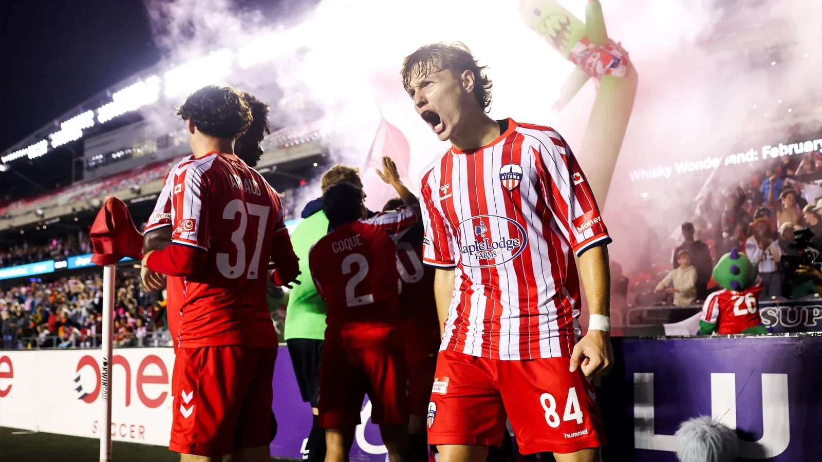 Players celebrating during Atlético Ottawa match Players celebrating during Atlético Ottawa match