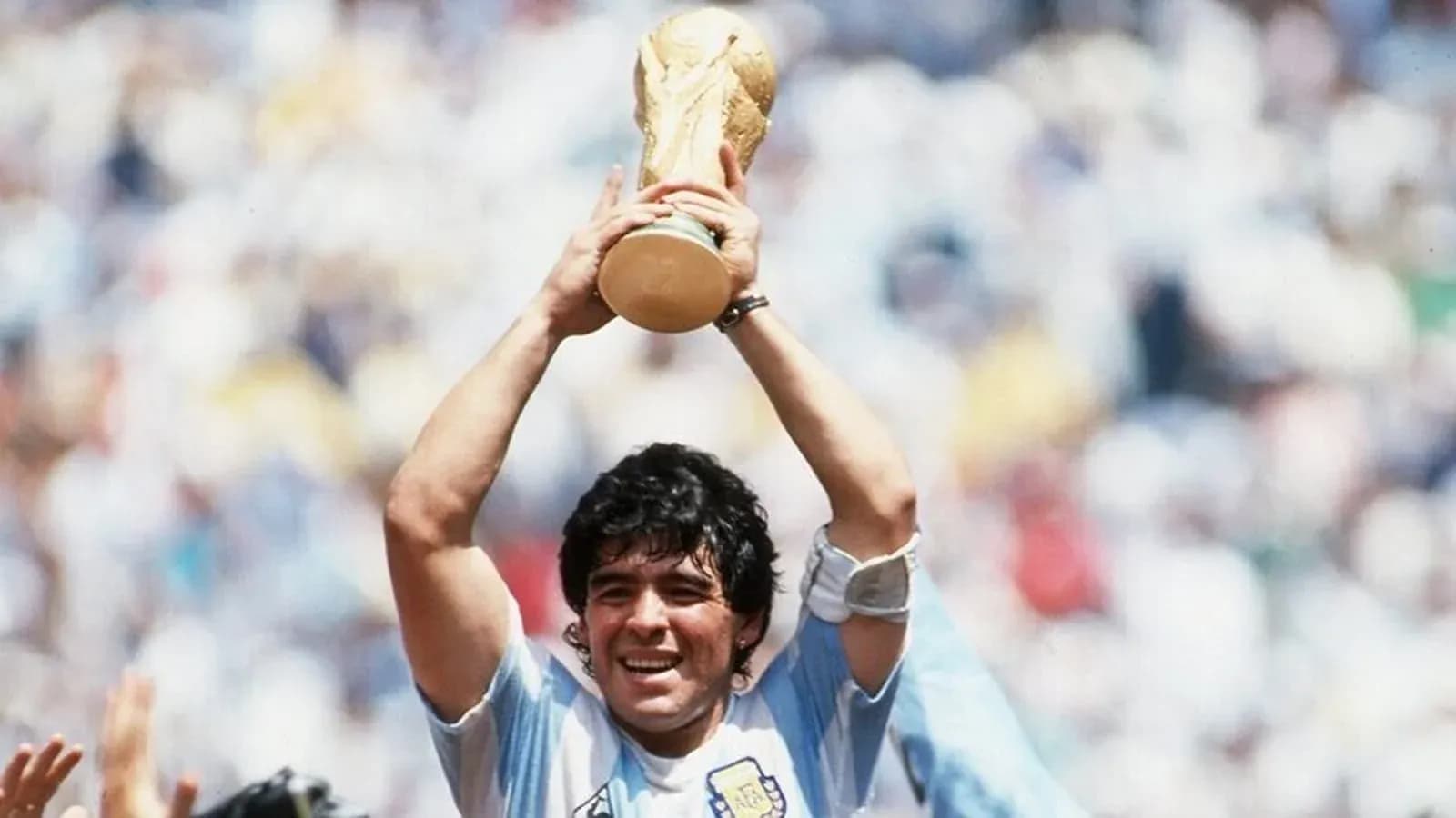 Player celebrating with World Cup trophy raised high Player celebrating with World Cup trophy raised high