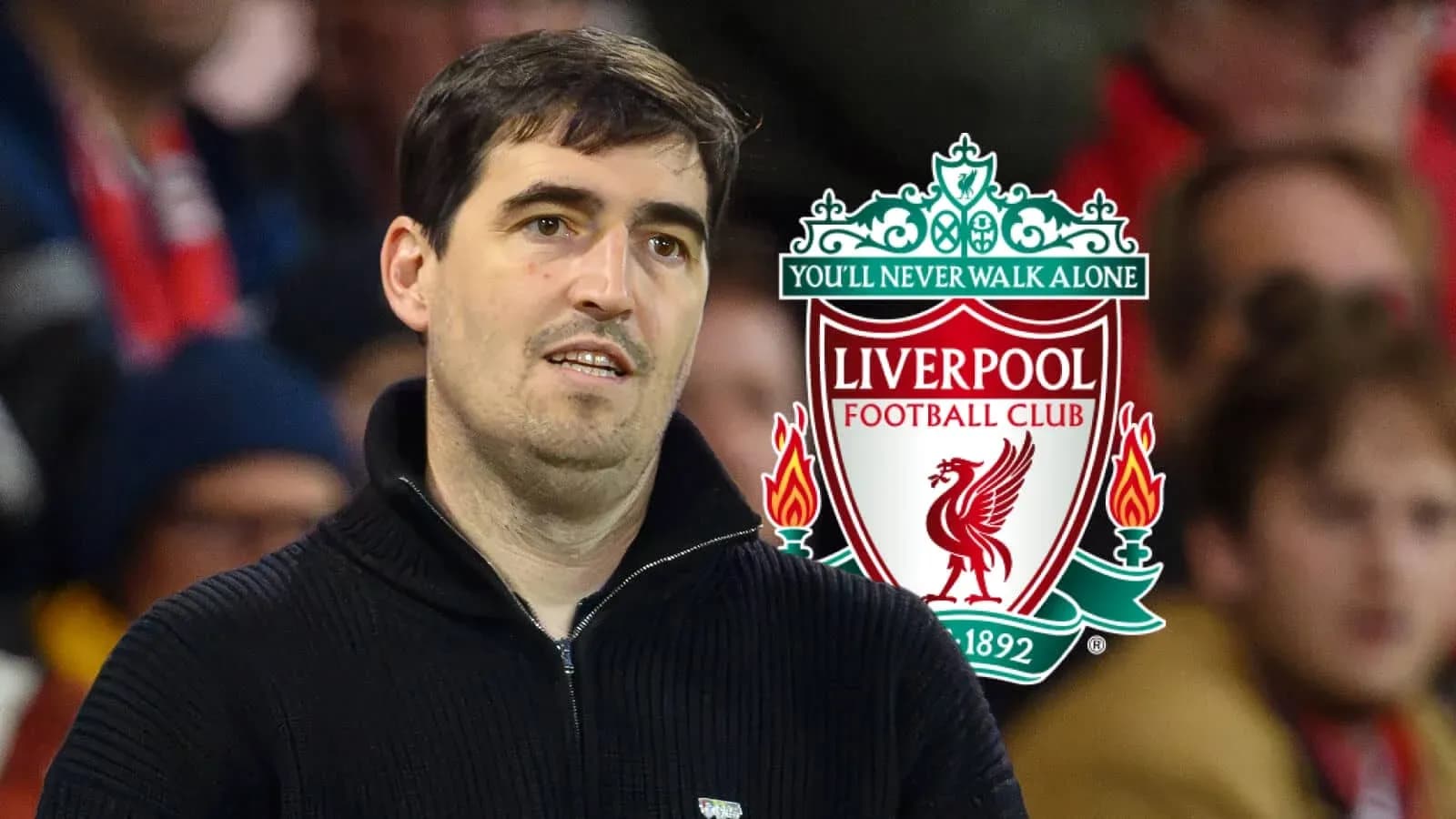 Man in black sweater at Liverpool match backdrop Man in black sweater at Liverpool match backdrop