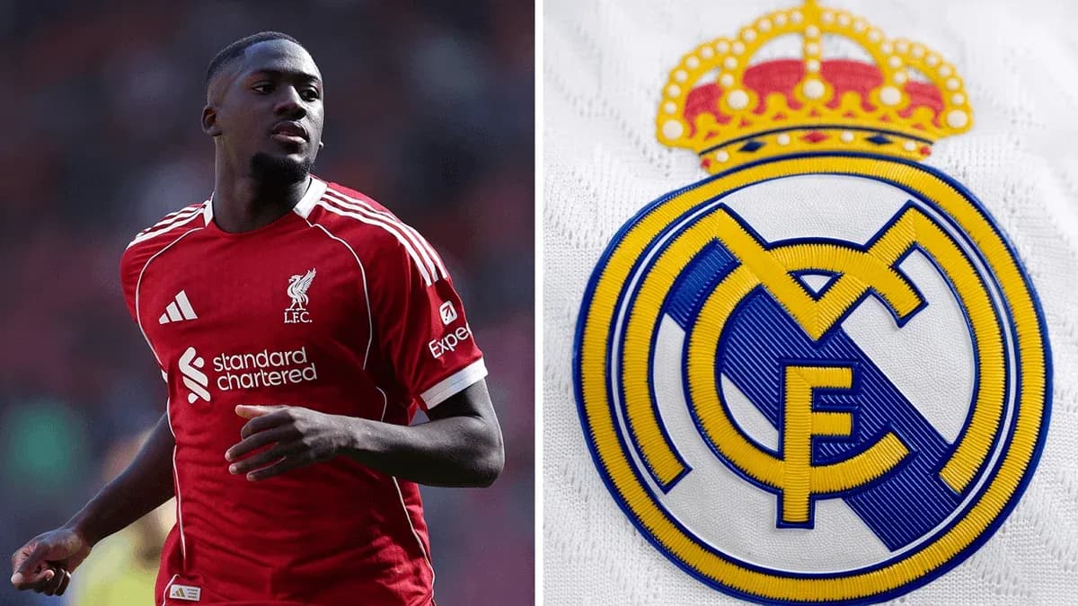 Player in Liverpool jersey next to Real Madrid logo Player in Liverpool jersey next to Real Madrid logo