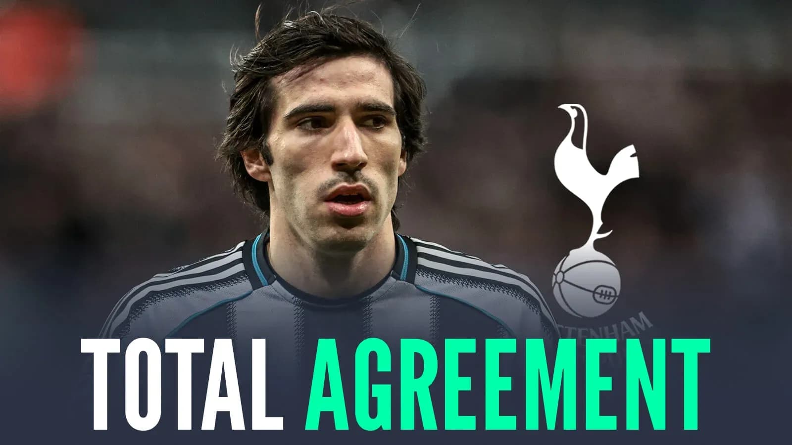 Player in Tottenham kit with text 'TOTAL AGREEMENT' Player in Tottenham kit with text 'TOTAL AGREEMENT'