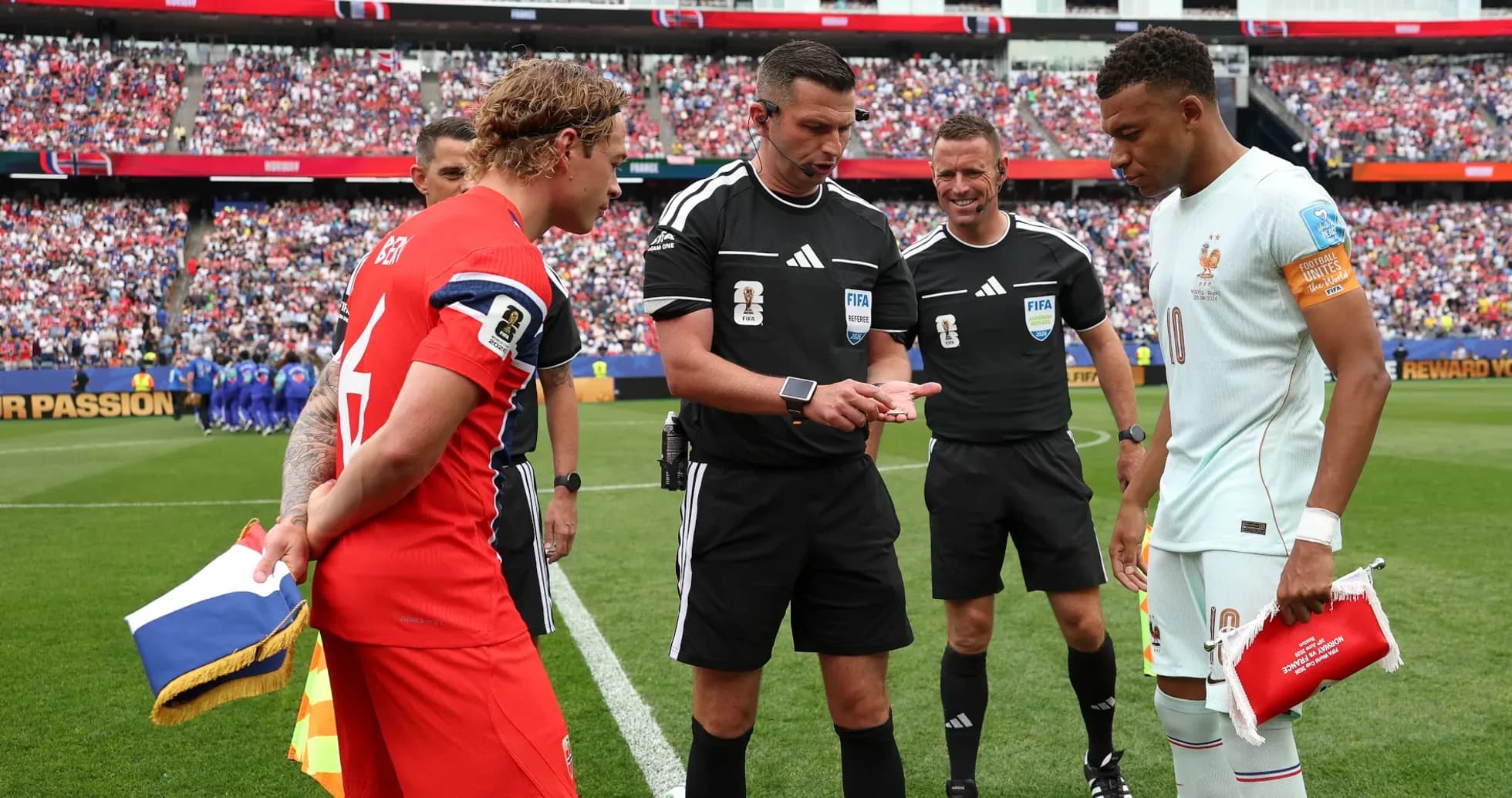 Captains and referees at coin toss before match Captains and referees at coin toss before match